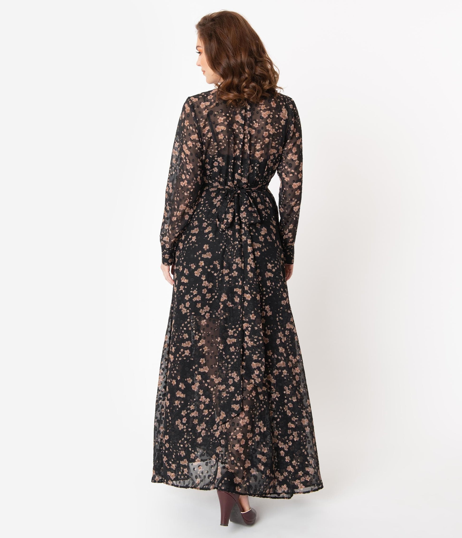 Unique Vintage Black & Pink Floral Farrah Maxi Dress
