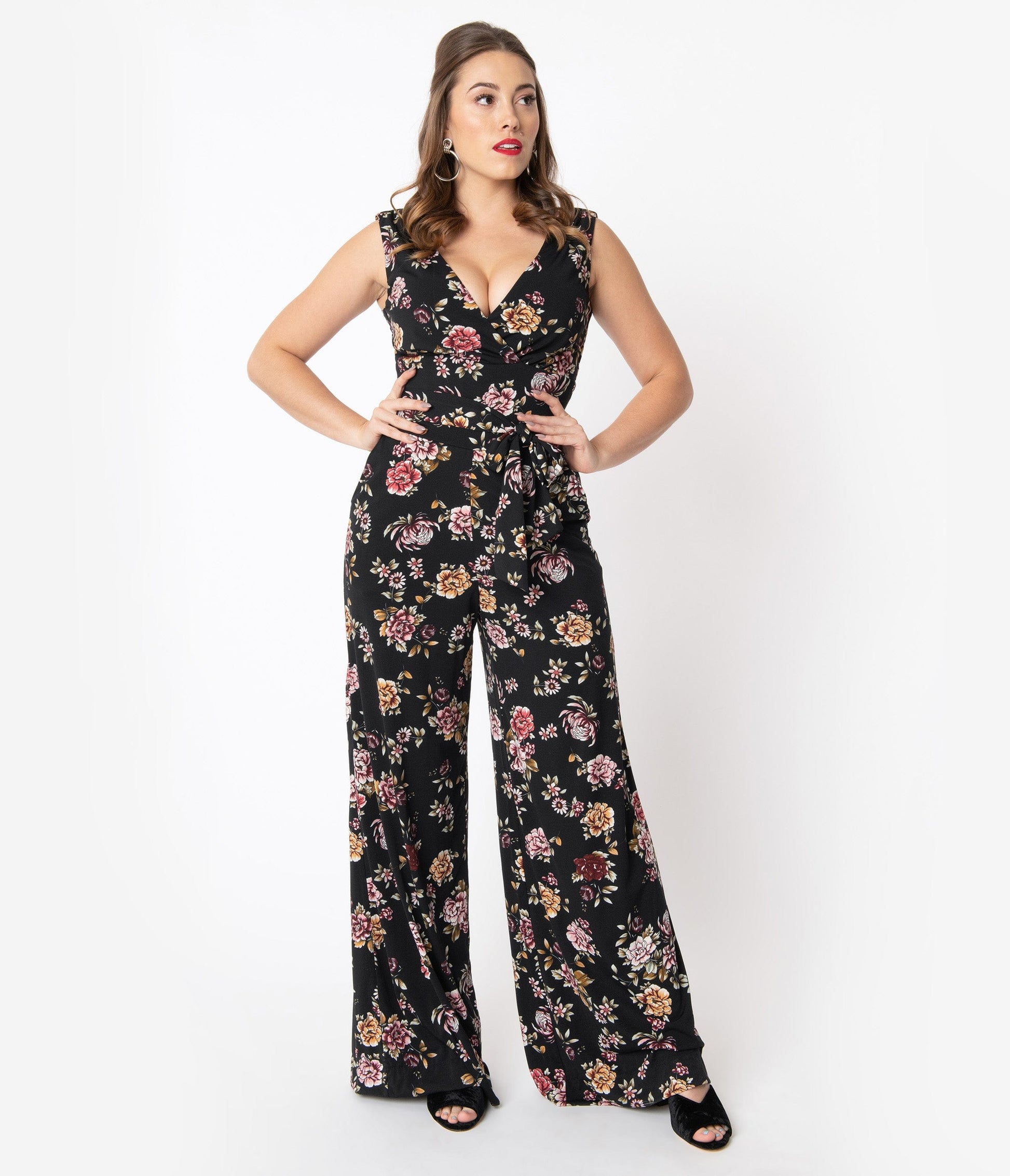 Unique Vintage Black Floral Print Sleeveless Montgomery Jumpsuit