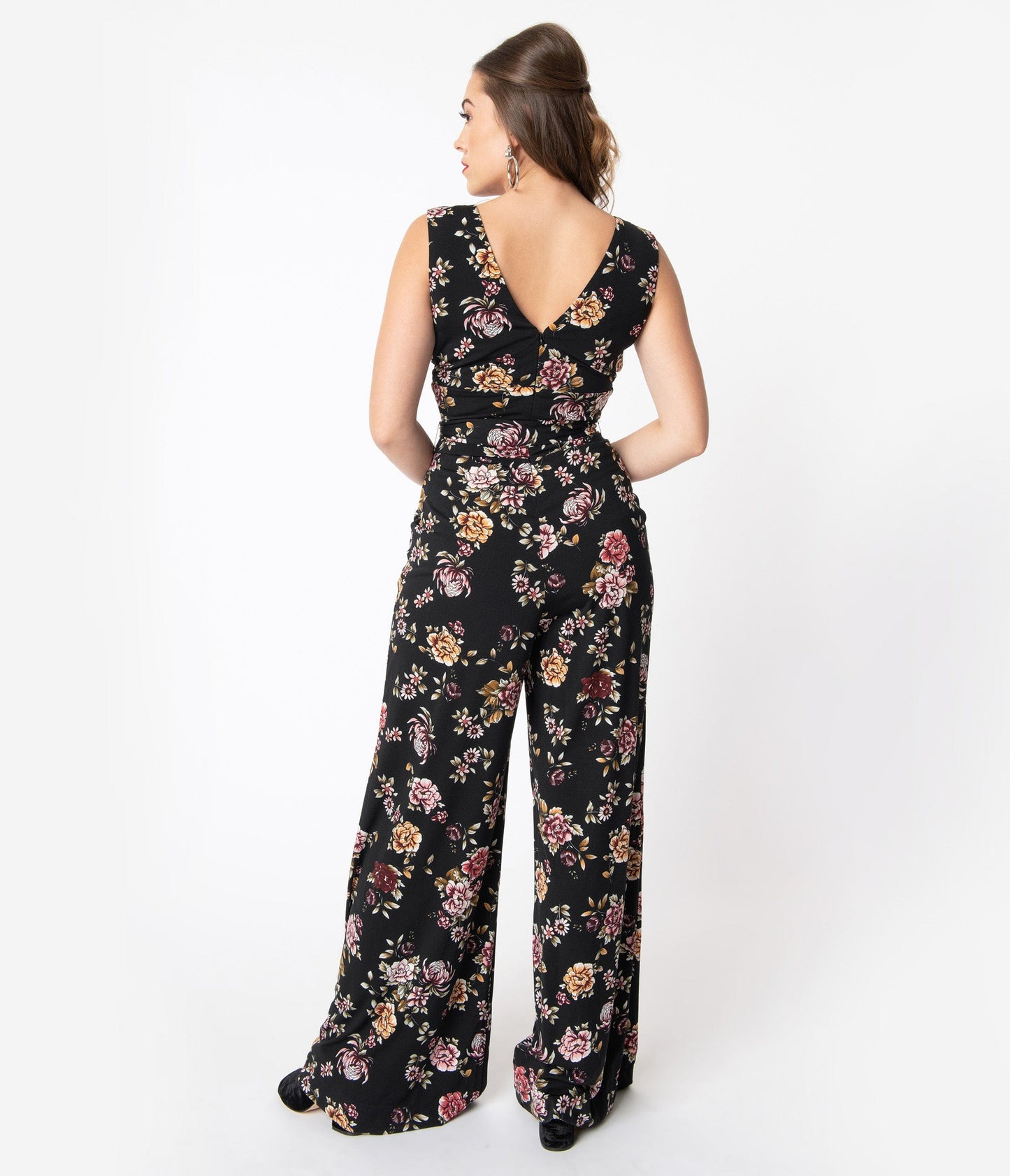 Unique Vintage Black Floral Print Sleeveless Montgomery Jumpsuit