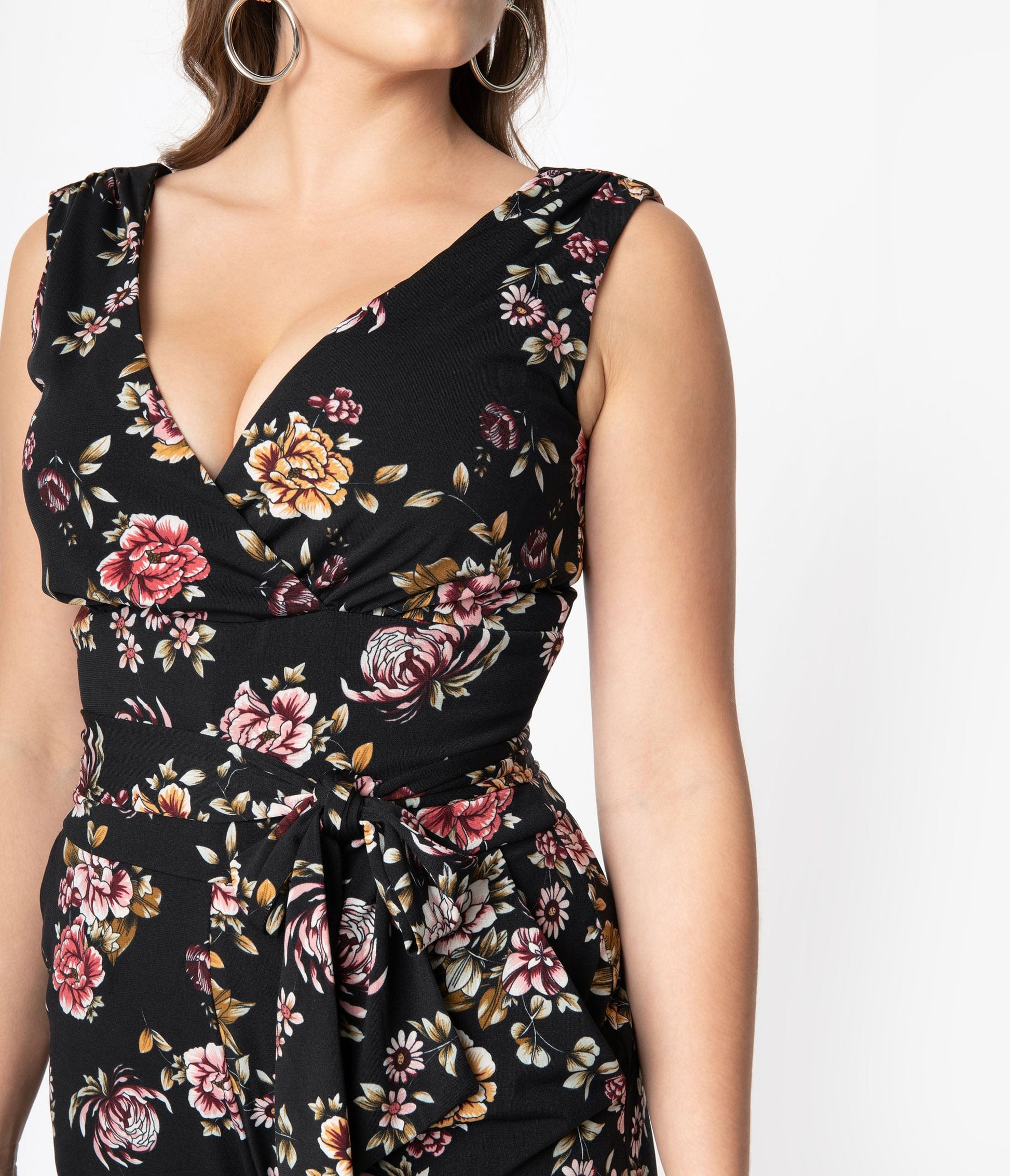Unique Vintage Black Floral Print Sleeveless Montgomery Jumpsuit