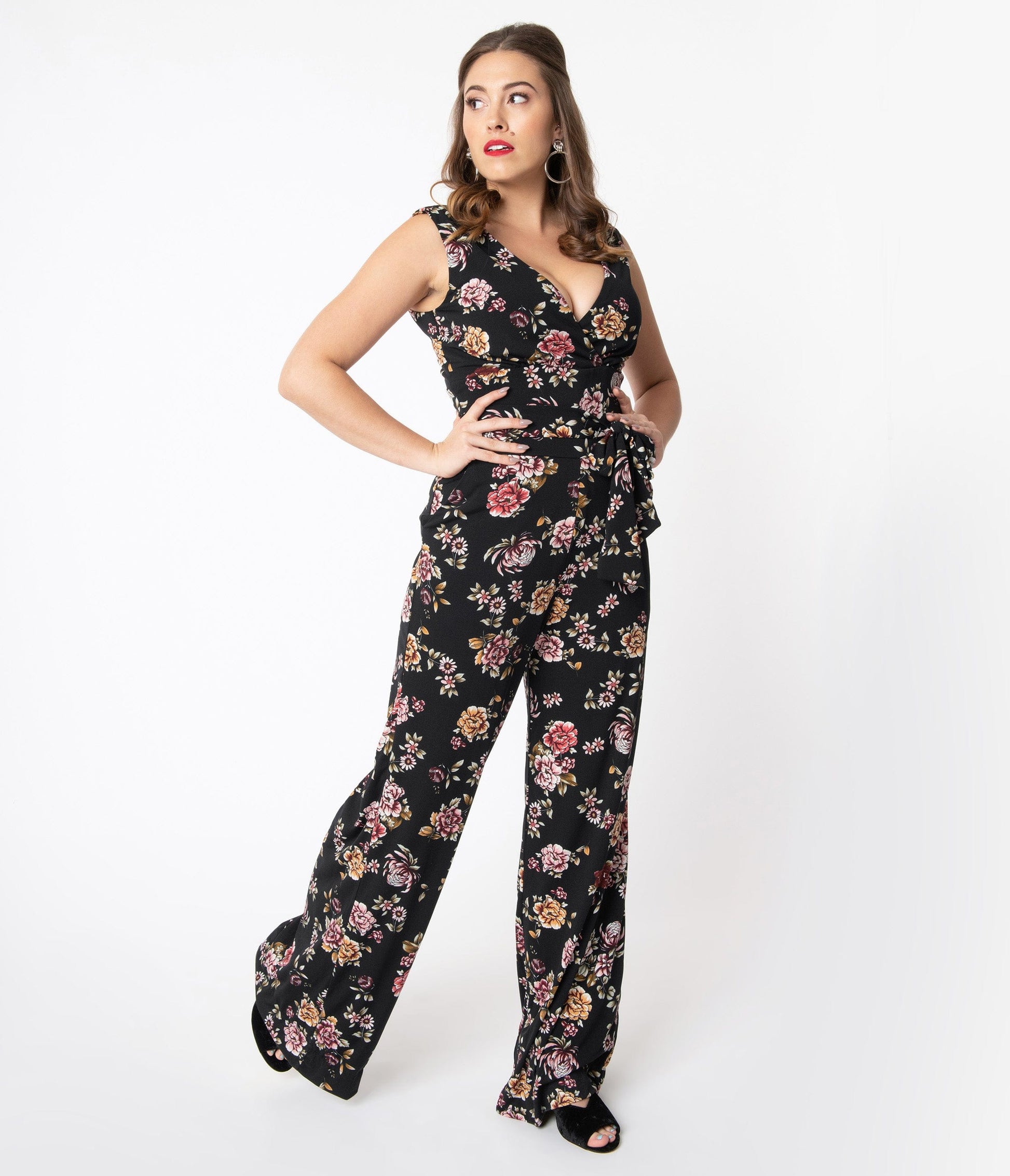 Unique Vintage Black Floral Print Sleeveless Montgomery Jumpsuit