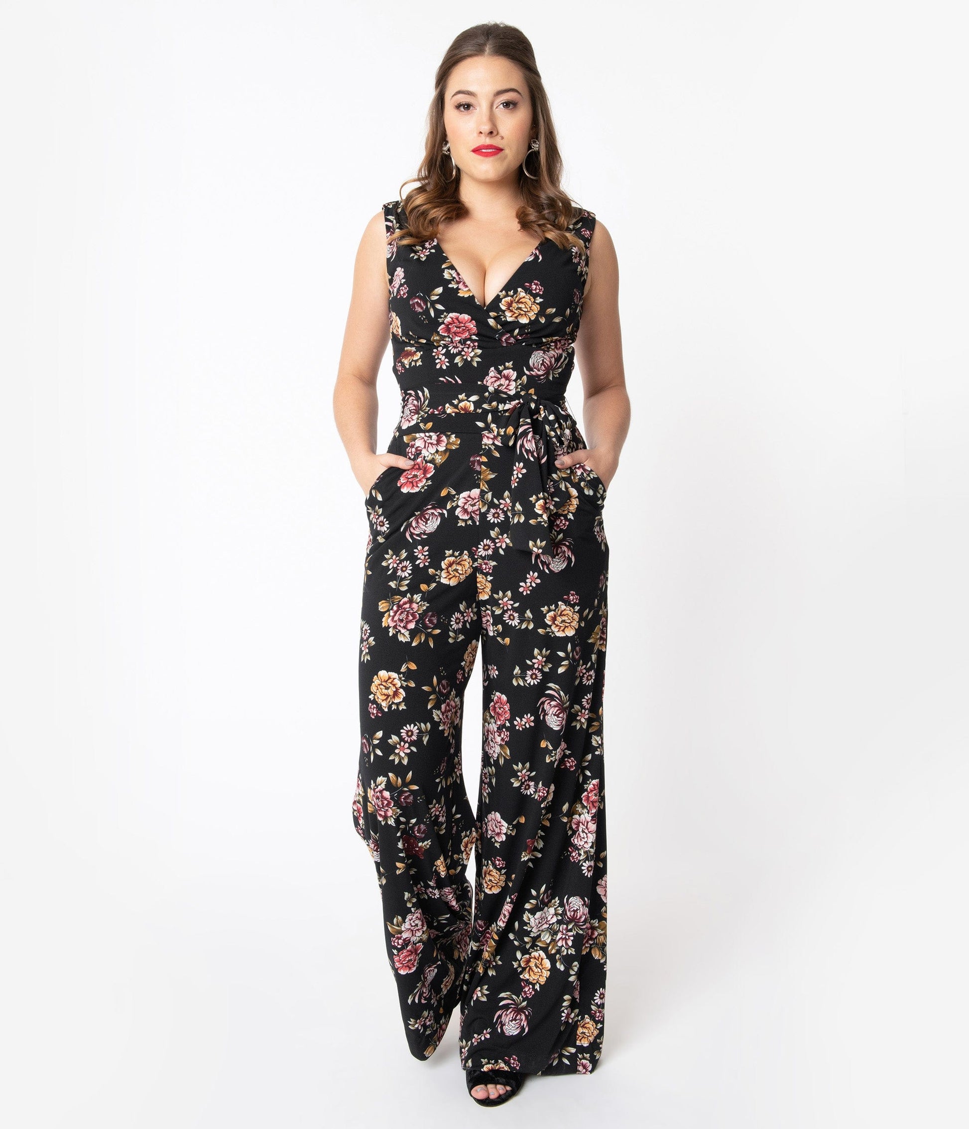 Unique Vintage Black Floral Print Sleeveless Montgomery Jumpsuit