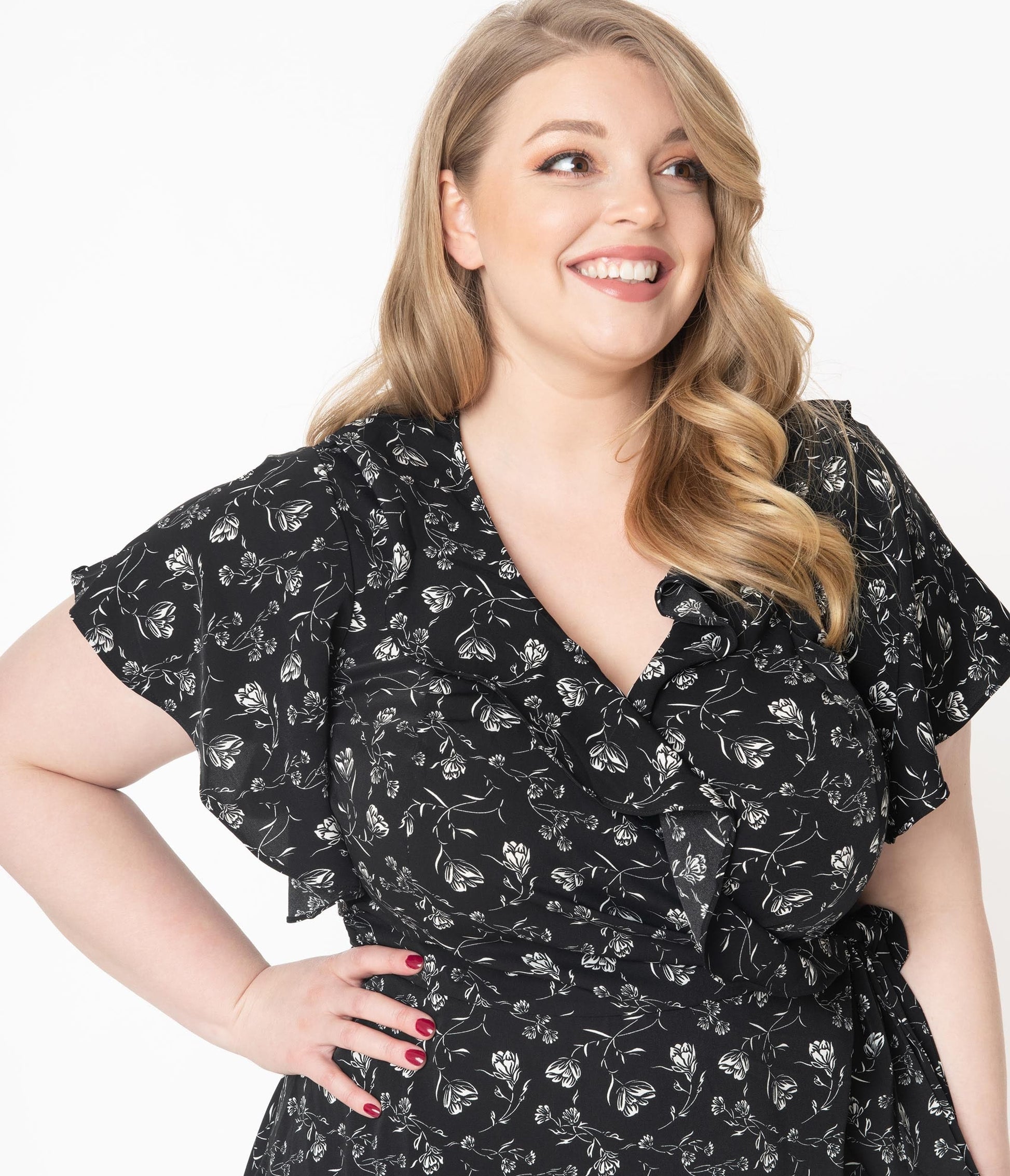 Unique Vintage Plus Size 1940s Black & White Floral Luella Wrap Dress