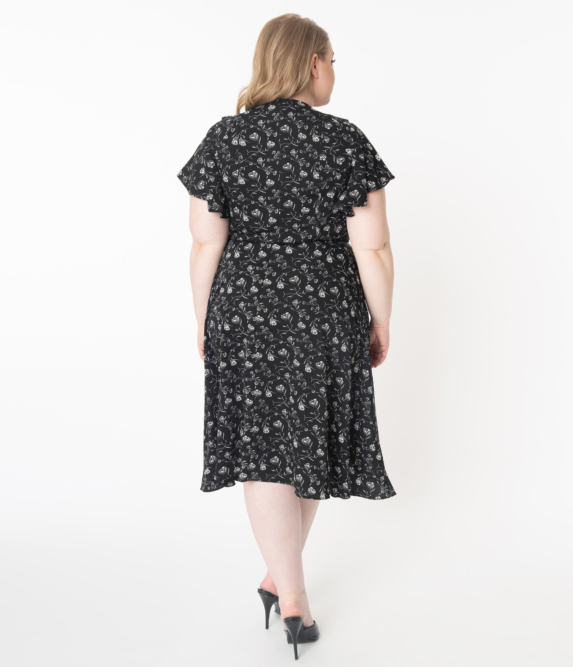 Unique Vintage Plus Size 1940s Black & White Floral Luella Wrap Dress