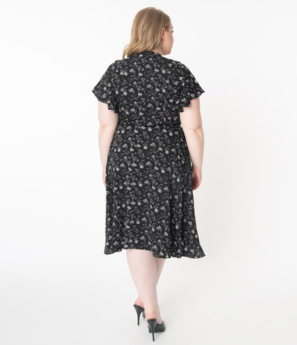 Unique Vintage Plus Size 1940s Black & White Floral Luella Wrap Dress