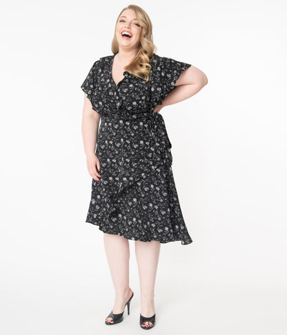 Unique Vintage Plus Size 1940s Black & White Floral Luella Wrap Dress