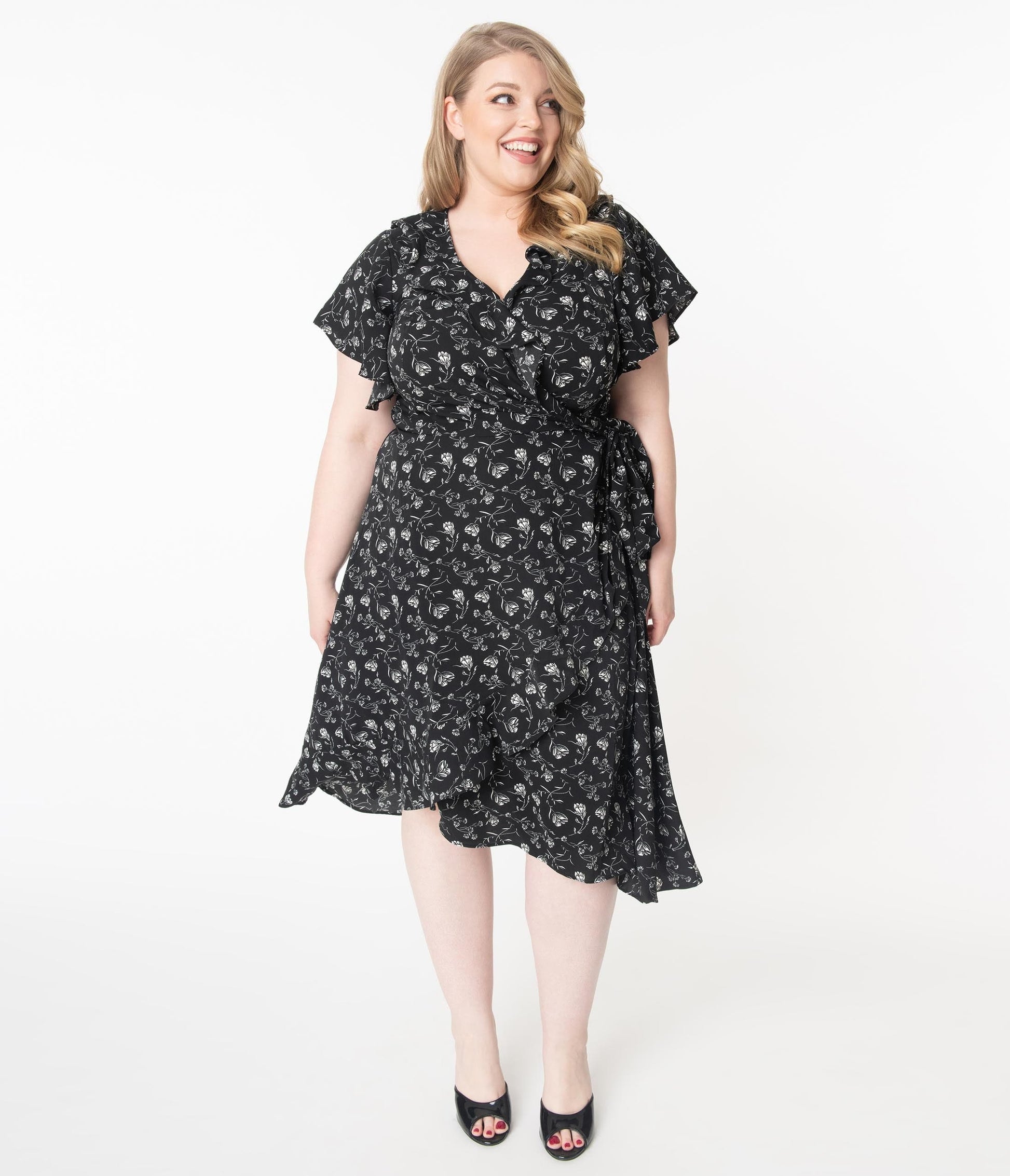 Unique Vintage Plus Size 1940s Black & White Floral Luella Wrap Dress