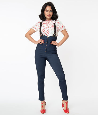 1950s Unique Vintage Dark Blue Denim Moorehead Skinny Suspender Pants