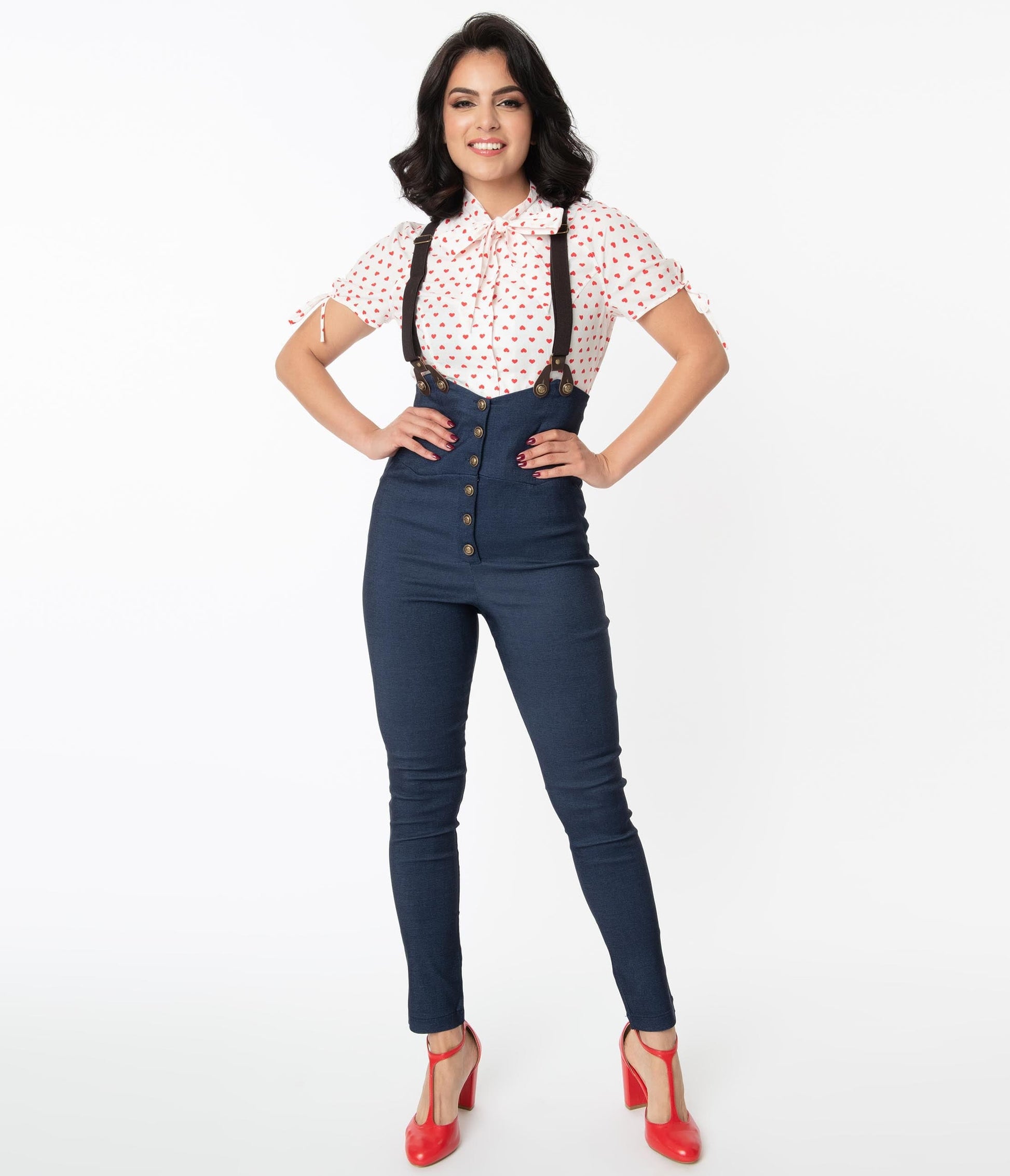 1950s Unique Vintage Dark Blue Denim Moorehead Skinny Suspender Pants