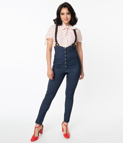 1950s Unique Vintage Dark Blue Denim Moorehead Skinny Suspender Pants