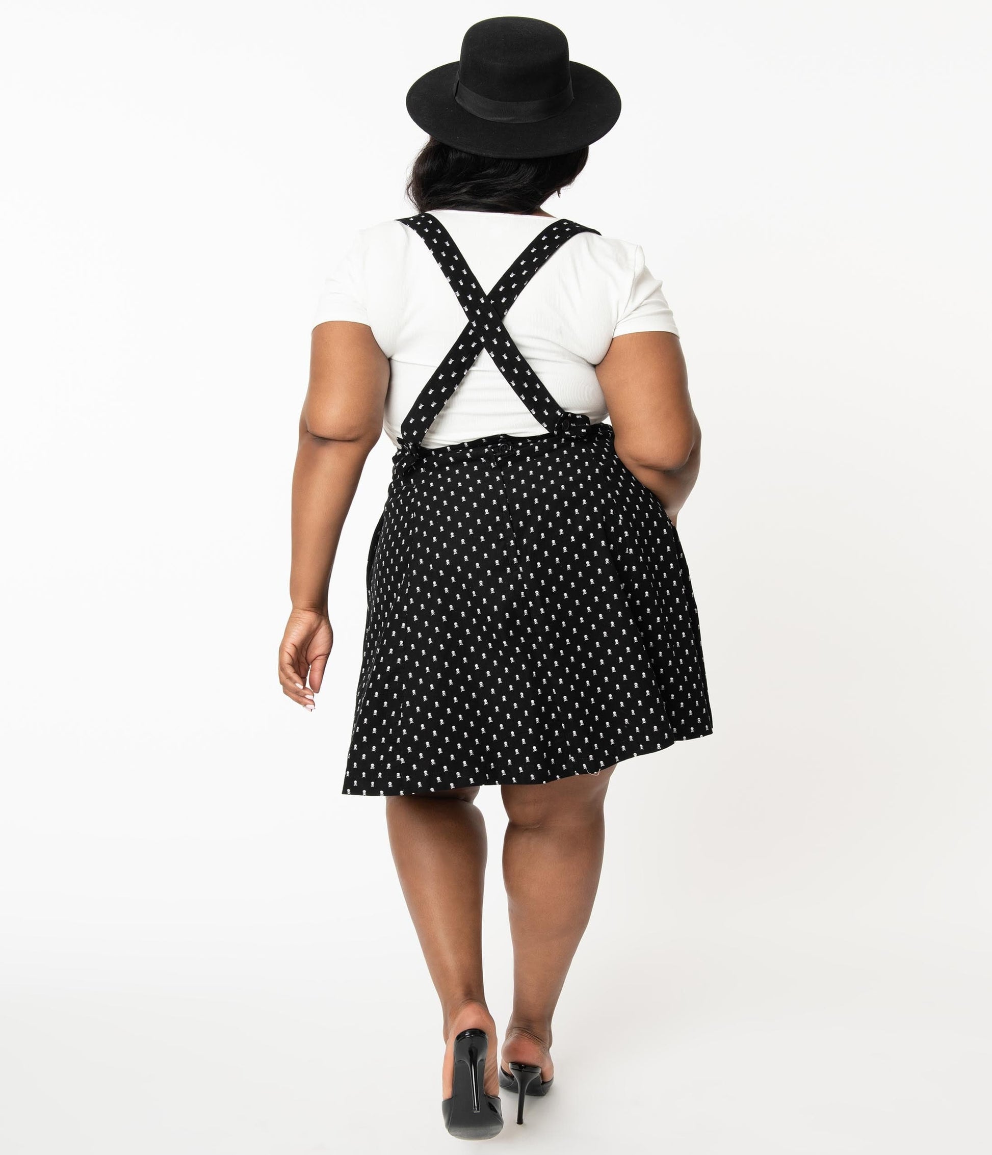 Unique Vintage Plus Size 1960s Black Crossbones Print Suspender Ruth Flare Skirt