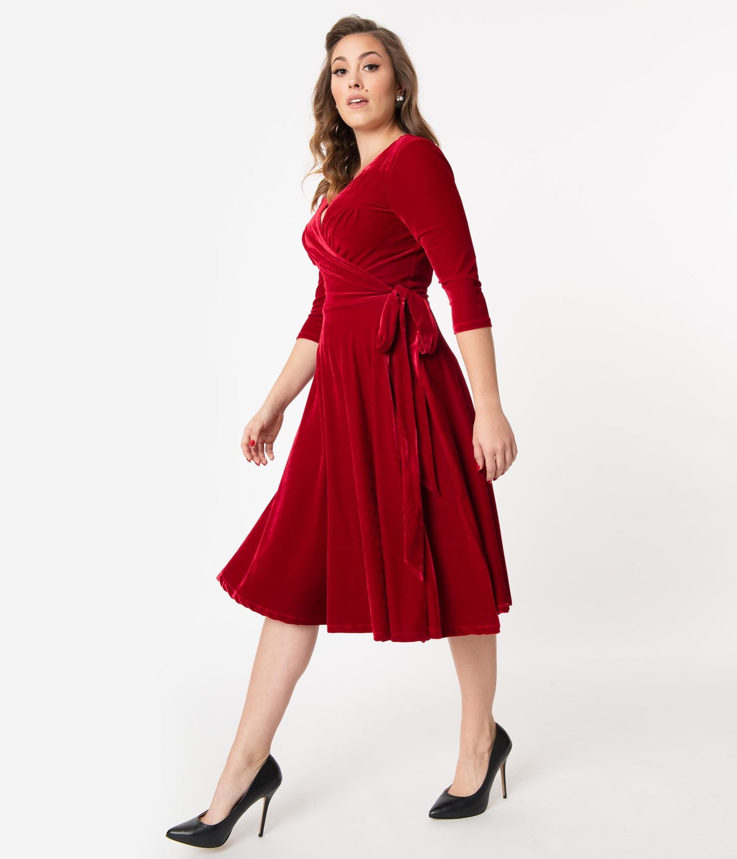 Unique Vintage 1940s Style Burgundy Velvet Kelsie Wrap Dress