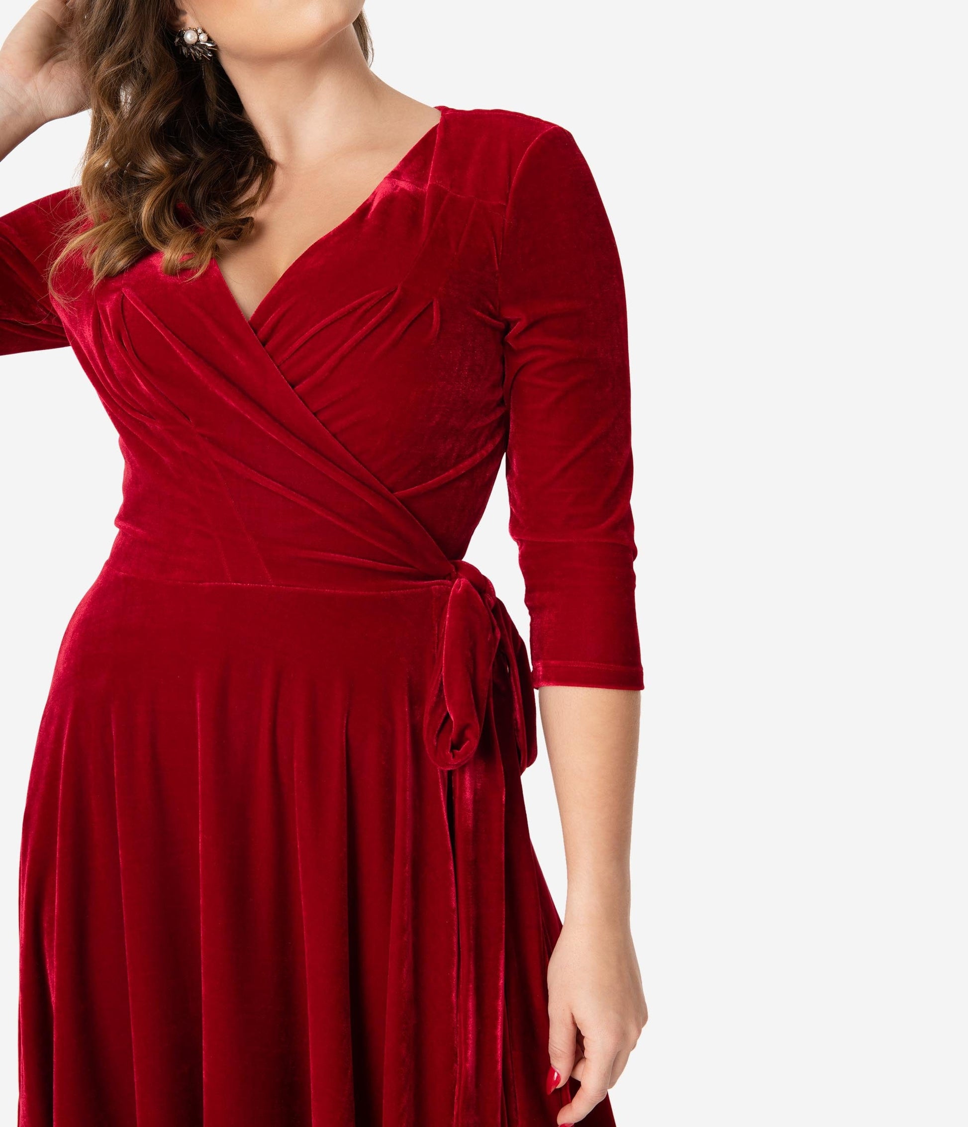 Unique Vintage 1940s Style Burgundy Velvet Kelsie Wrap Dress