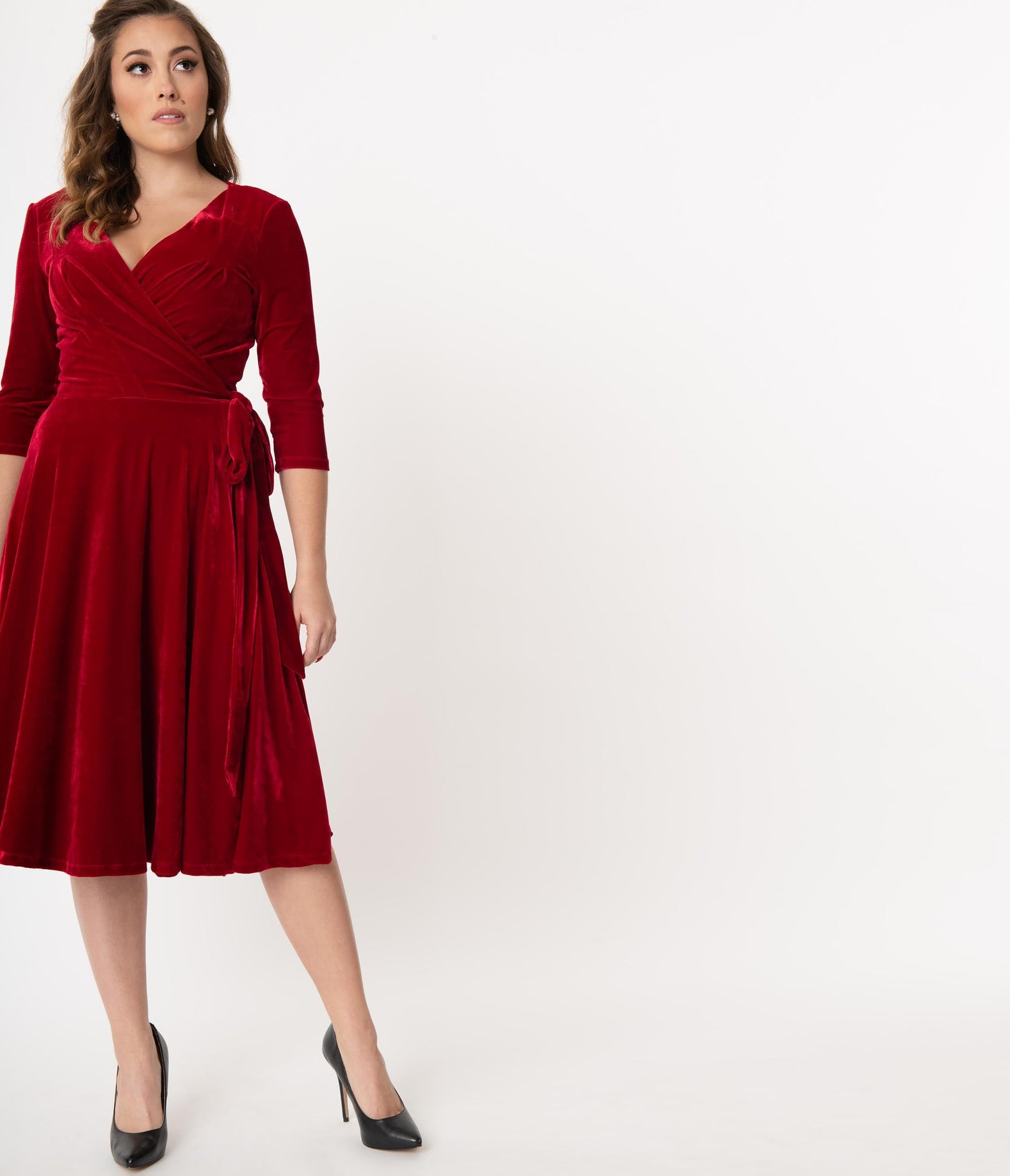Unique Vintage 1940s Style Burgundy Velvet Kelsie Wrap Dress
