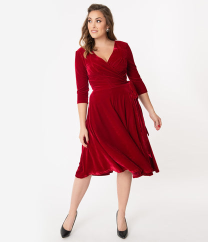 Unique Vintage 1940s Style Burgundy Velvet Kelsie Wrap Dress
