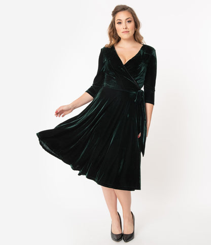 Unique Vintage 1940s Style Emerald Velvet Kelsie Wrap Dress