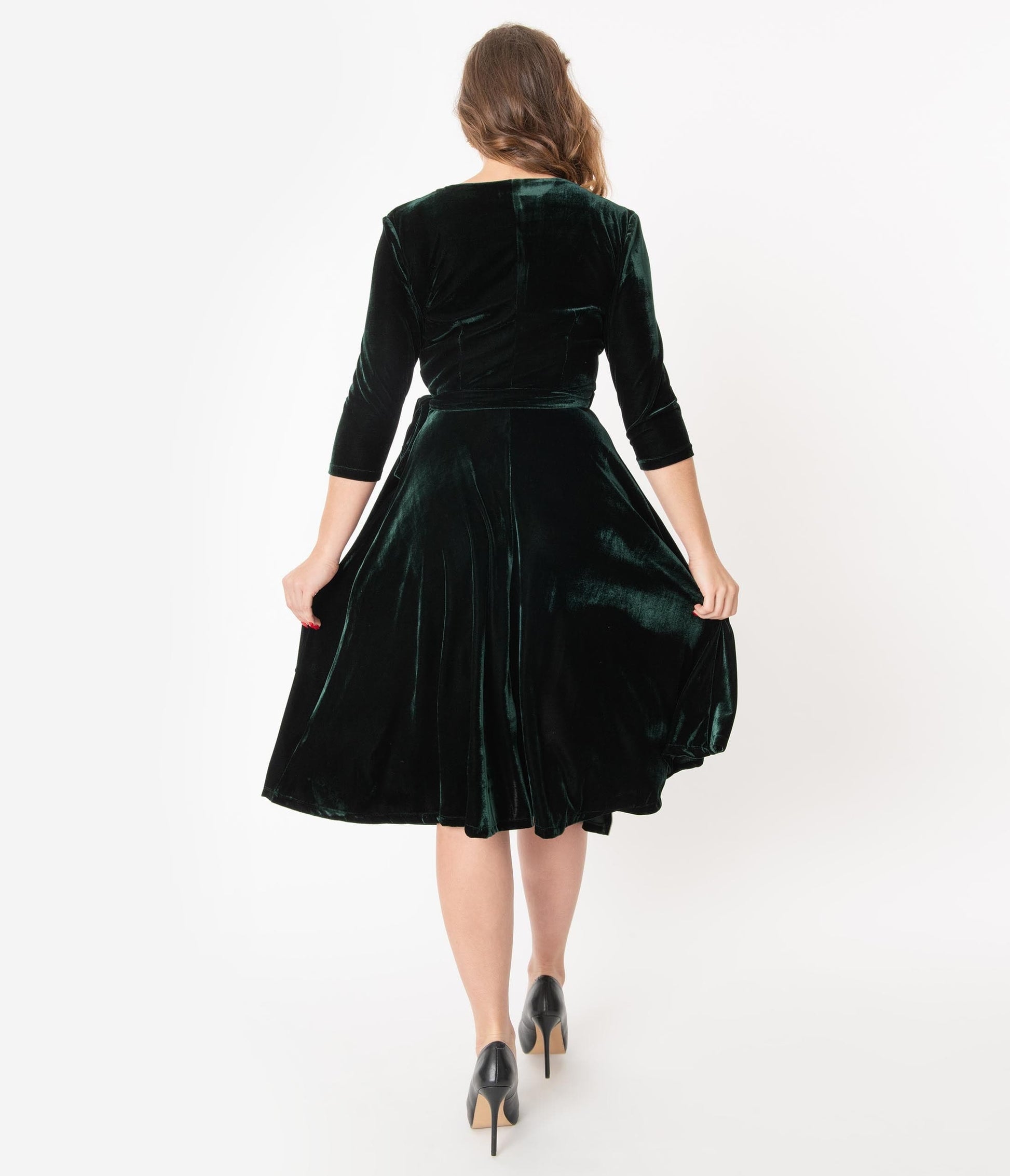 Unique Vintage 1940s Style Emerald Velvet Kelsie Wrap Dress