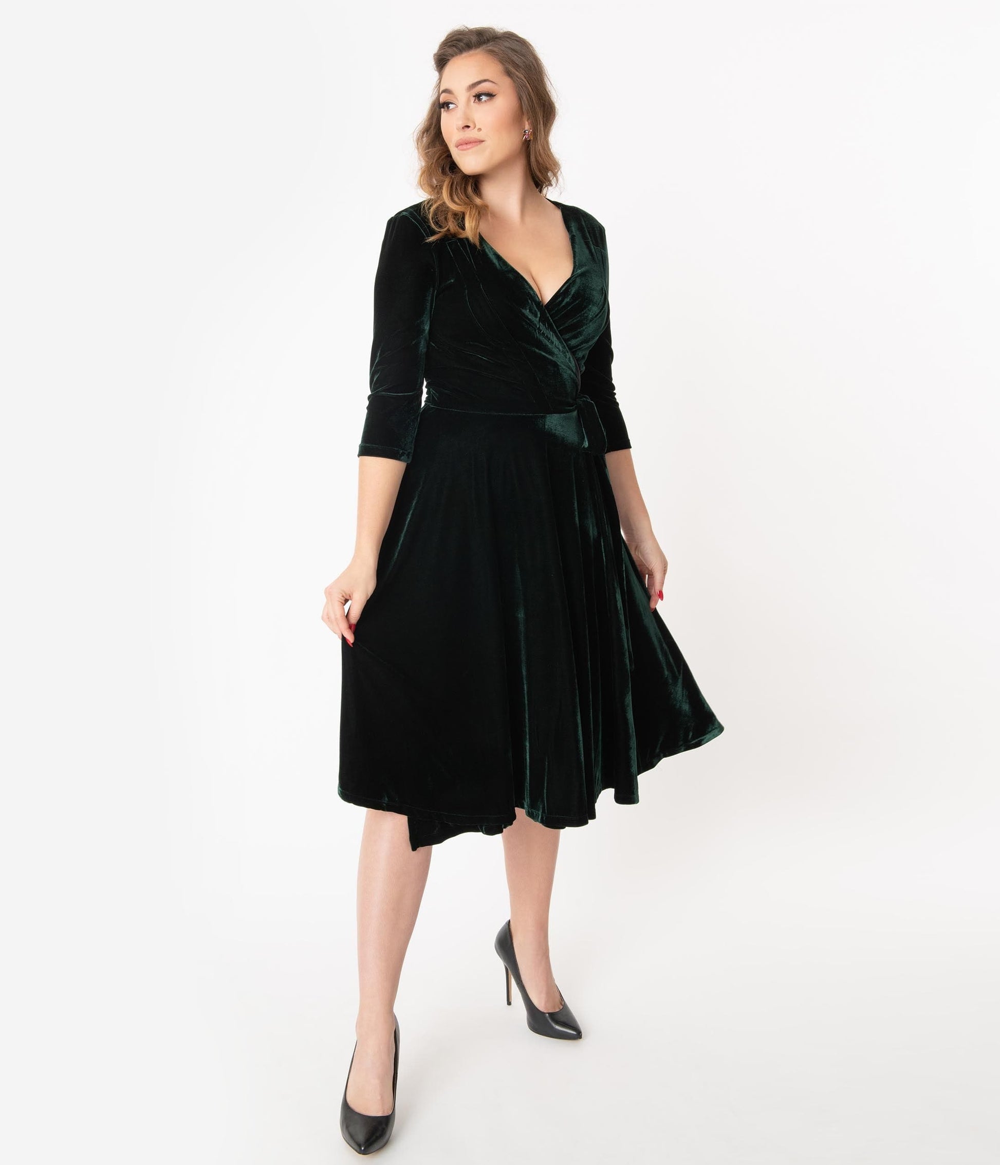 Unique Vintage 1940s Style Emerald Velvet Kelsie Wrap Dress