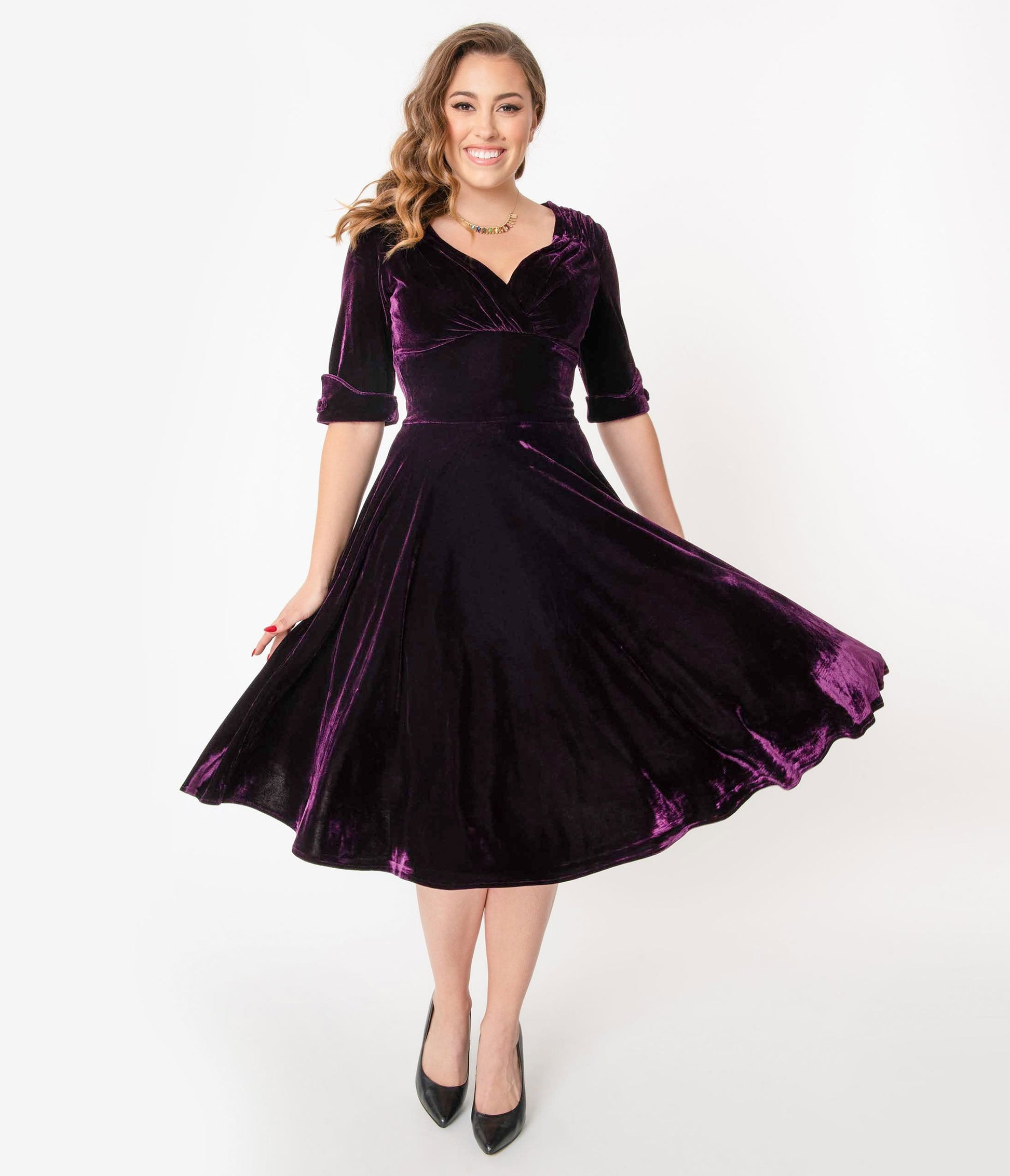 Unique Vintage 1950s Purple Velvet Delores Swing Dress with Sleeves