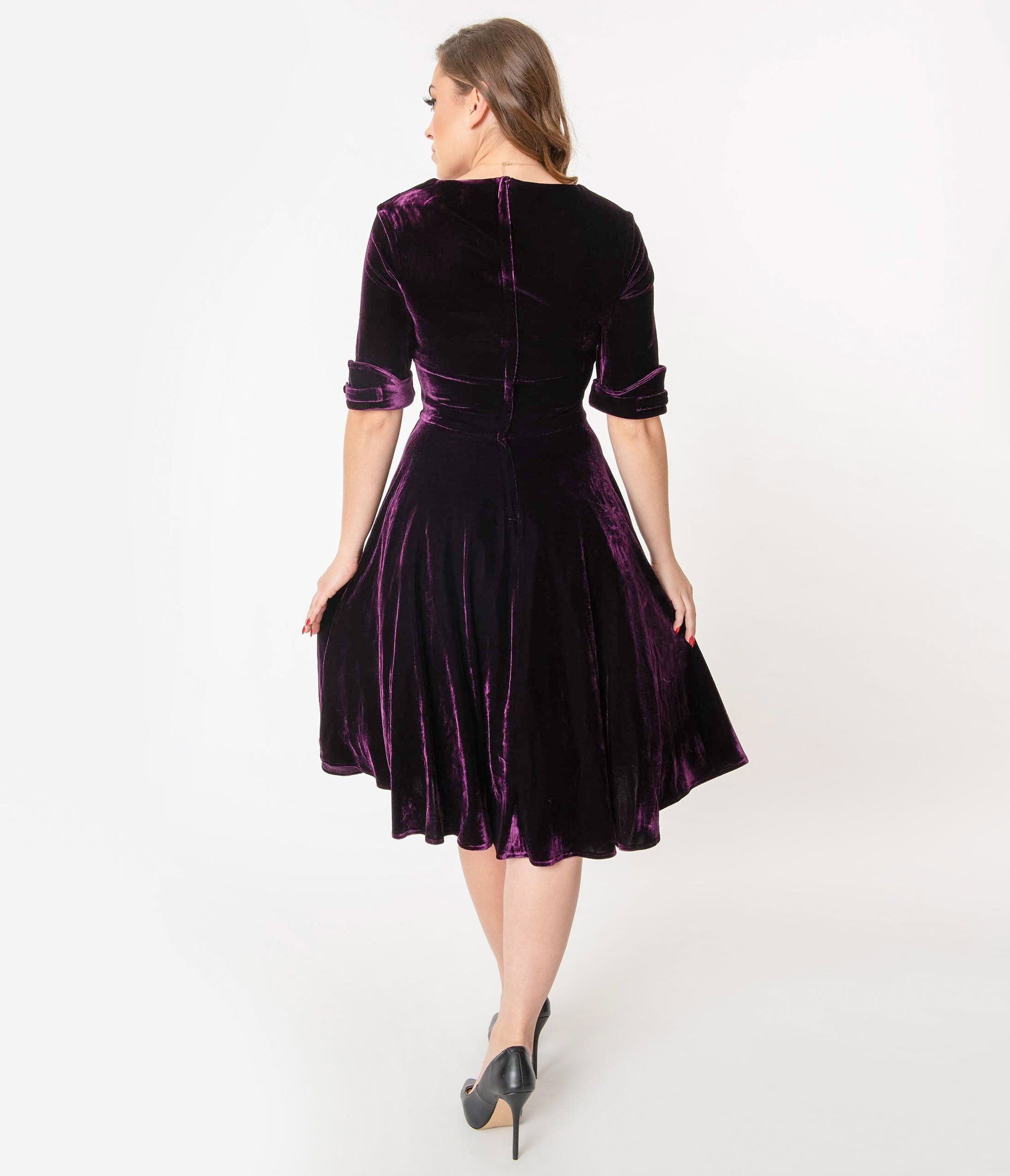 Unique Vintage 1950s Purple Velvet Delores Swing Dress with Sleeves