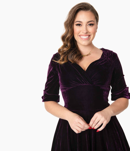 Unique Vintage 1950s Purple Velvet Delores Swing Dress with Sleeves