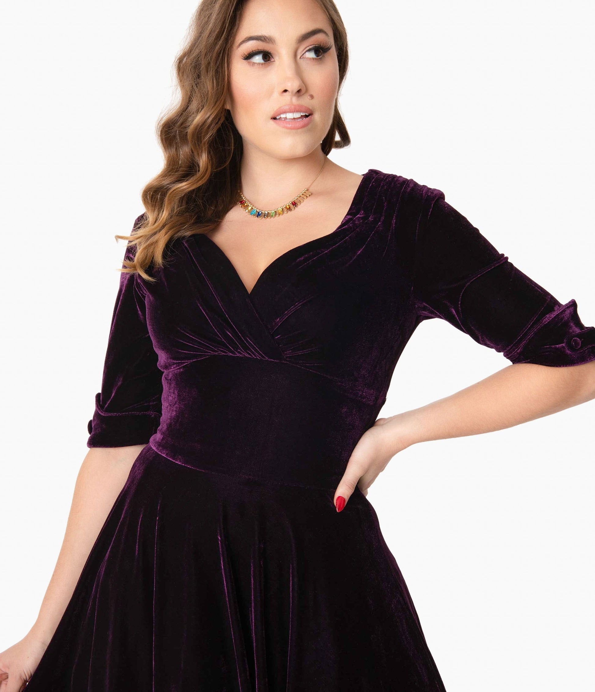 Unique Vintage 1950s Purple Velvet Delores Swing Dress with Sleeves