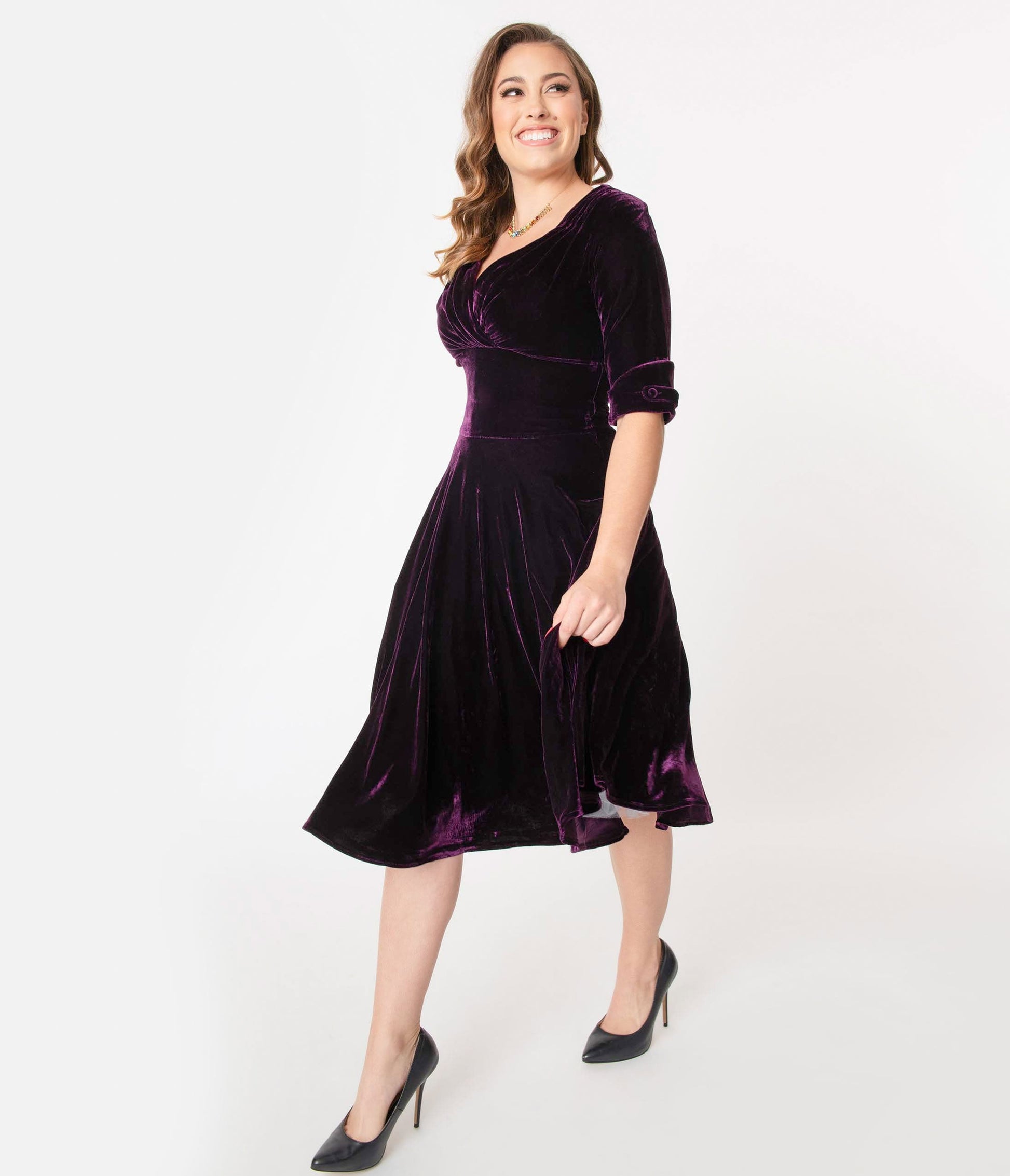 Unique Vintage 1950s Purple Velvet Delores Swing Dress with Sleeves