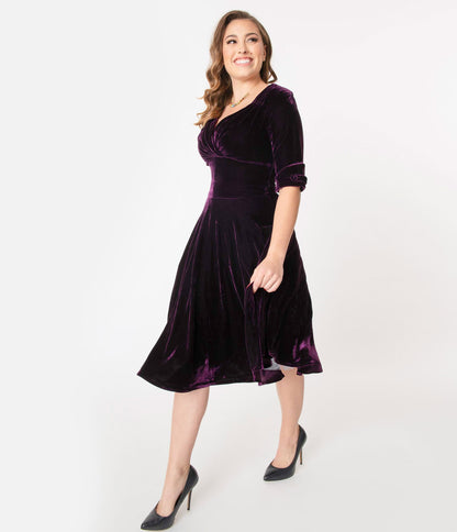 Unique Vintage 1950s Purple Velvet Delores Swing Dress with Sleeves