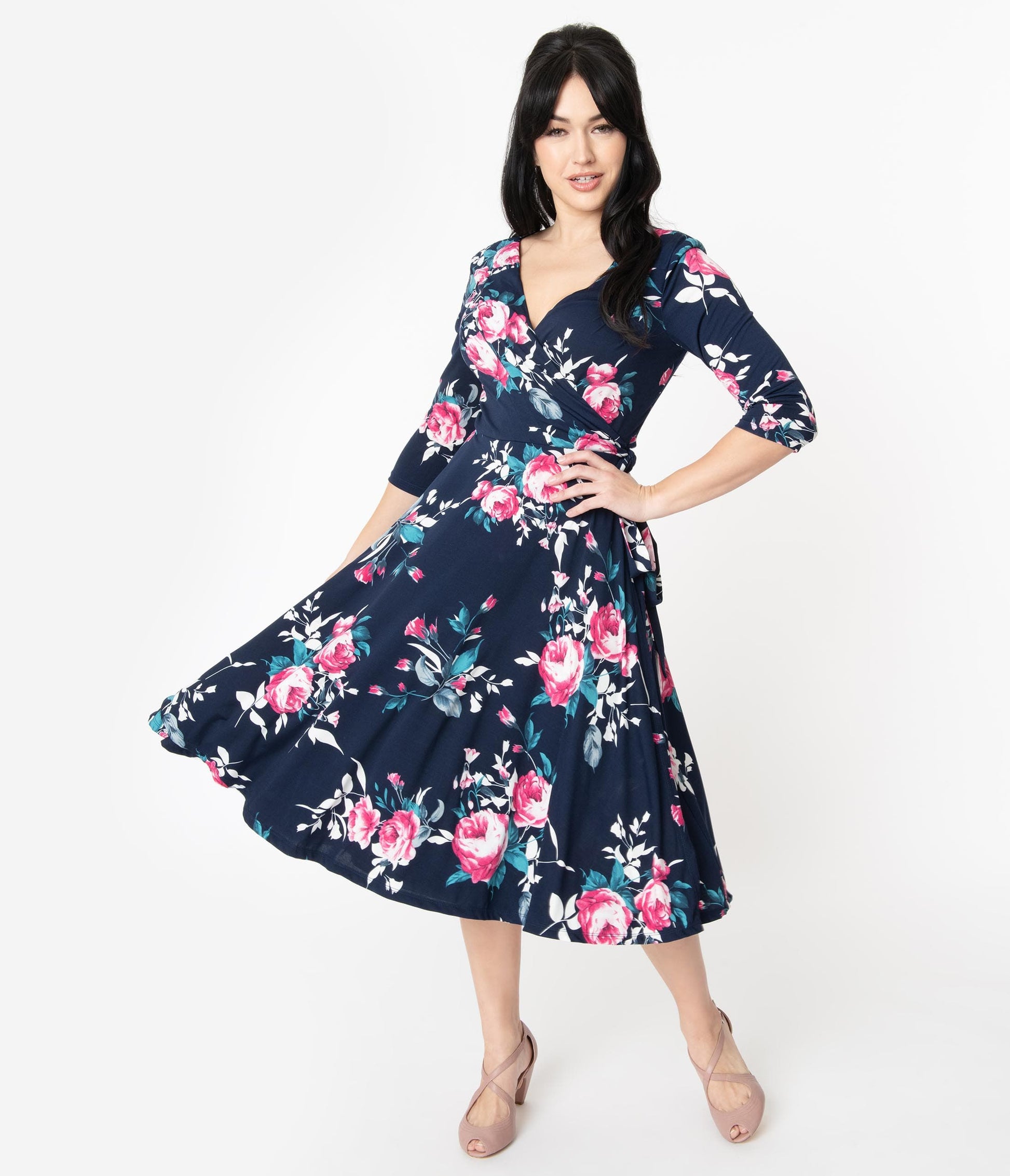 Unique Vintage 1940s Navy & Pink Floral Sleeved Kelsie Wrap Dress