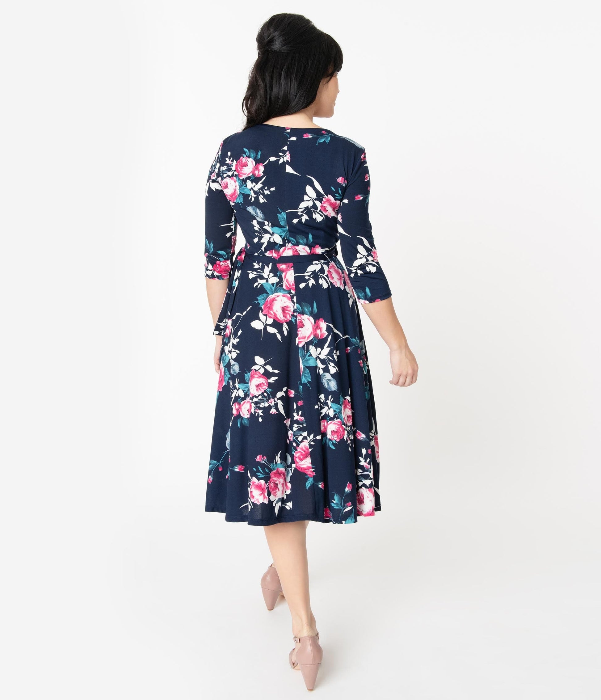 Unique Vintage 1940s Navy & Pink Floral Sleeved Kelsie Wrap Dress
