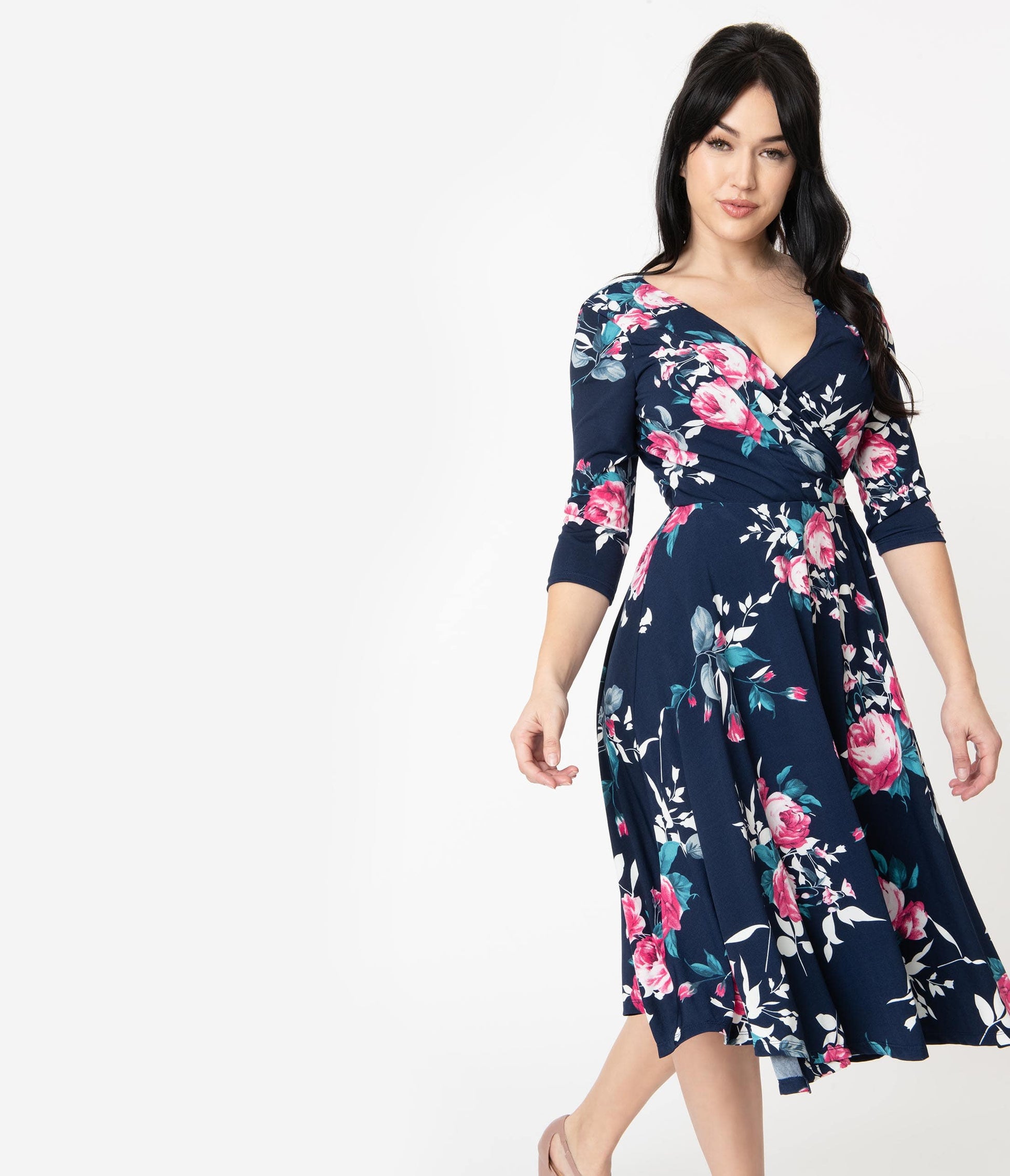 Unique Vintage 1940s Navy & Pink Floral Sleeved Kelsie Wrap Dress
