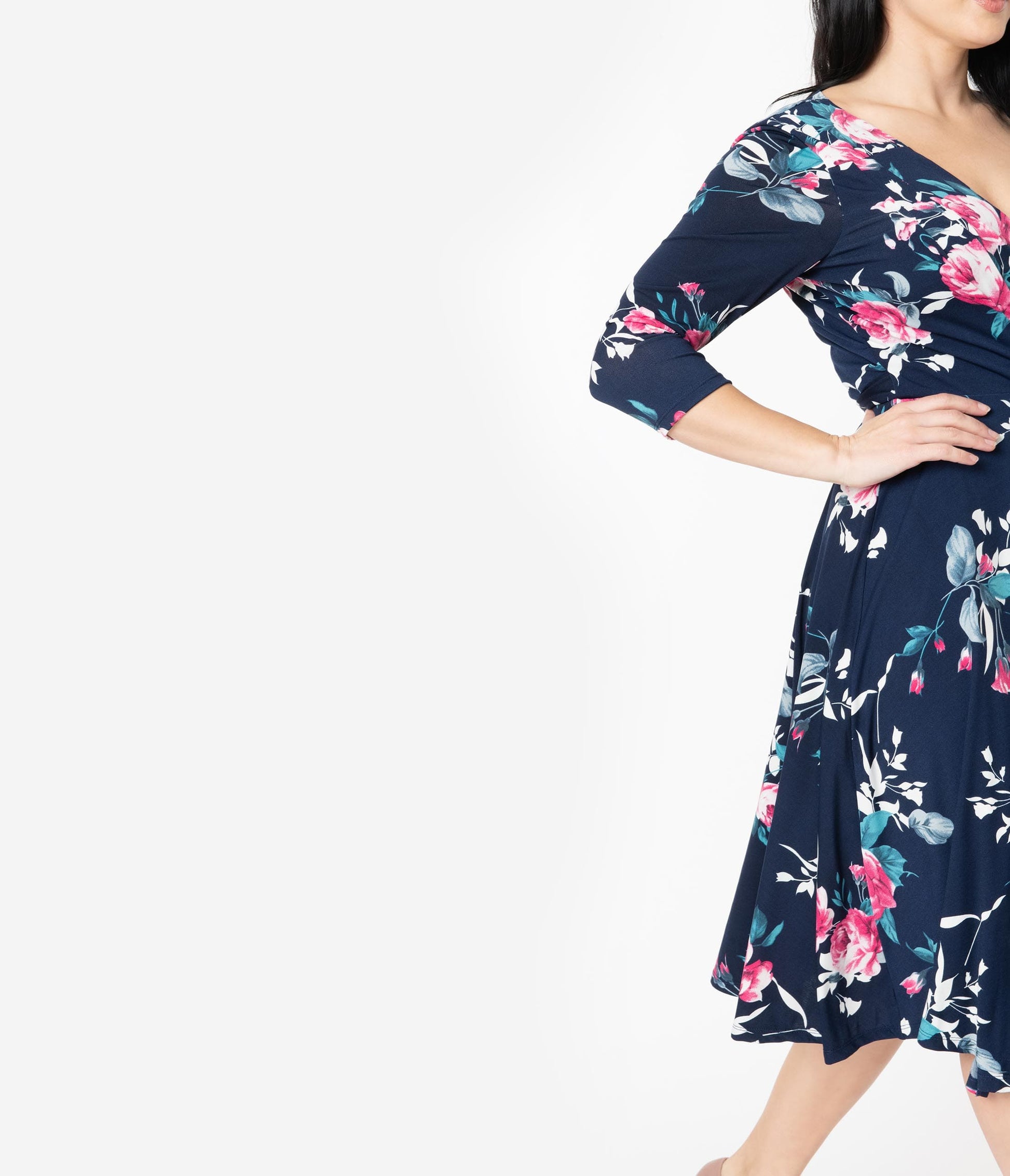 Unique Vintage 1940s Navy & Pink Floral Sleeved Kelsie Wrap Dress