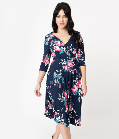 Unique Vintage 1940s Navy & Pink Floral Sleeved Kelsie Wrap Dress
