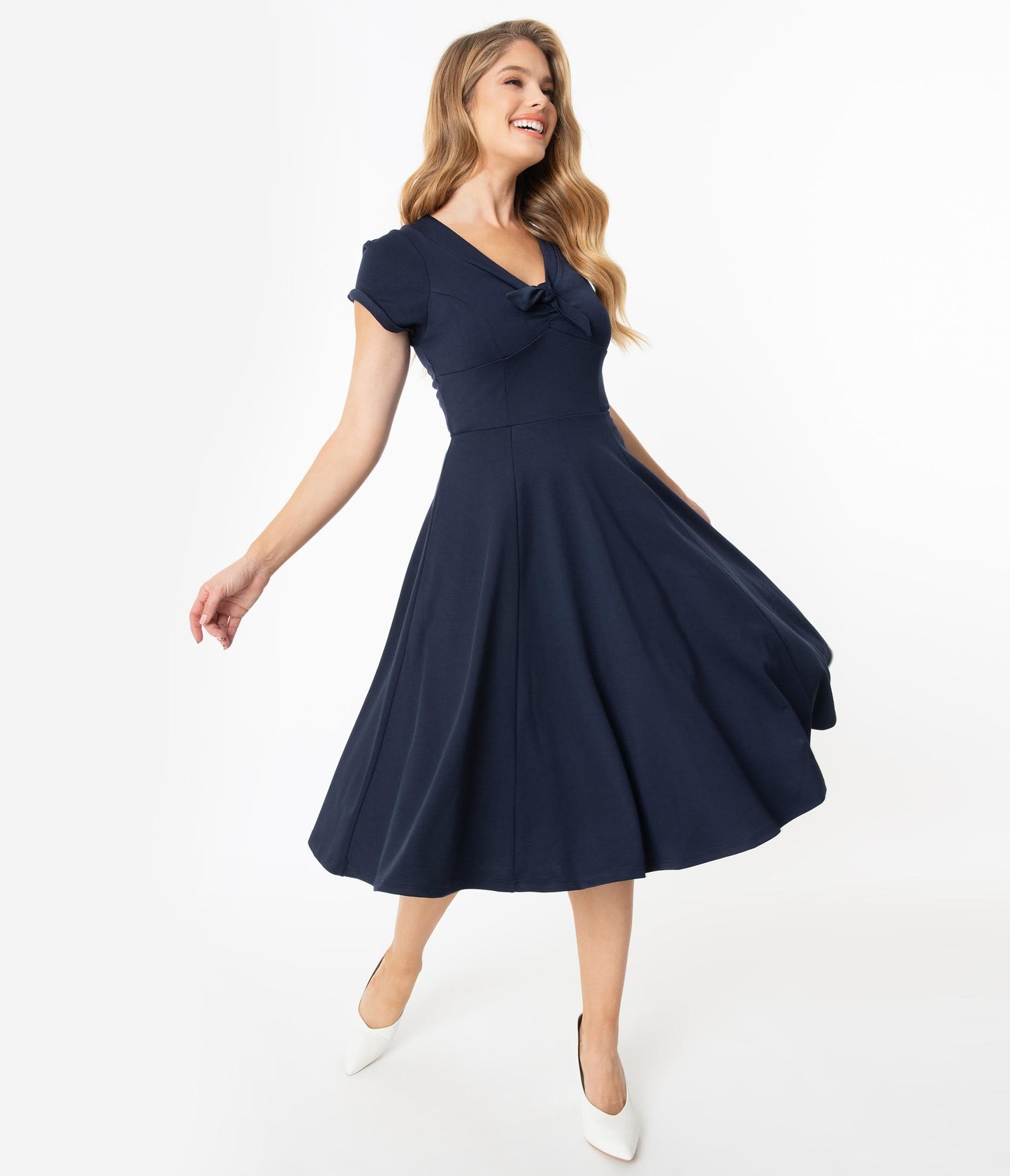 Unique Vintage 1940s Style Navy Blue Natalie Swing Dress