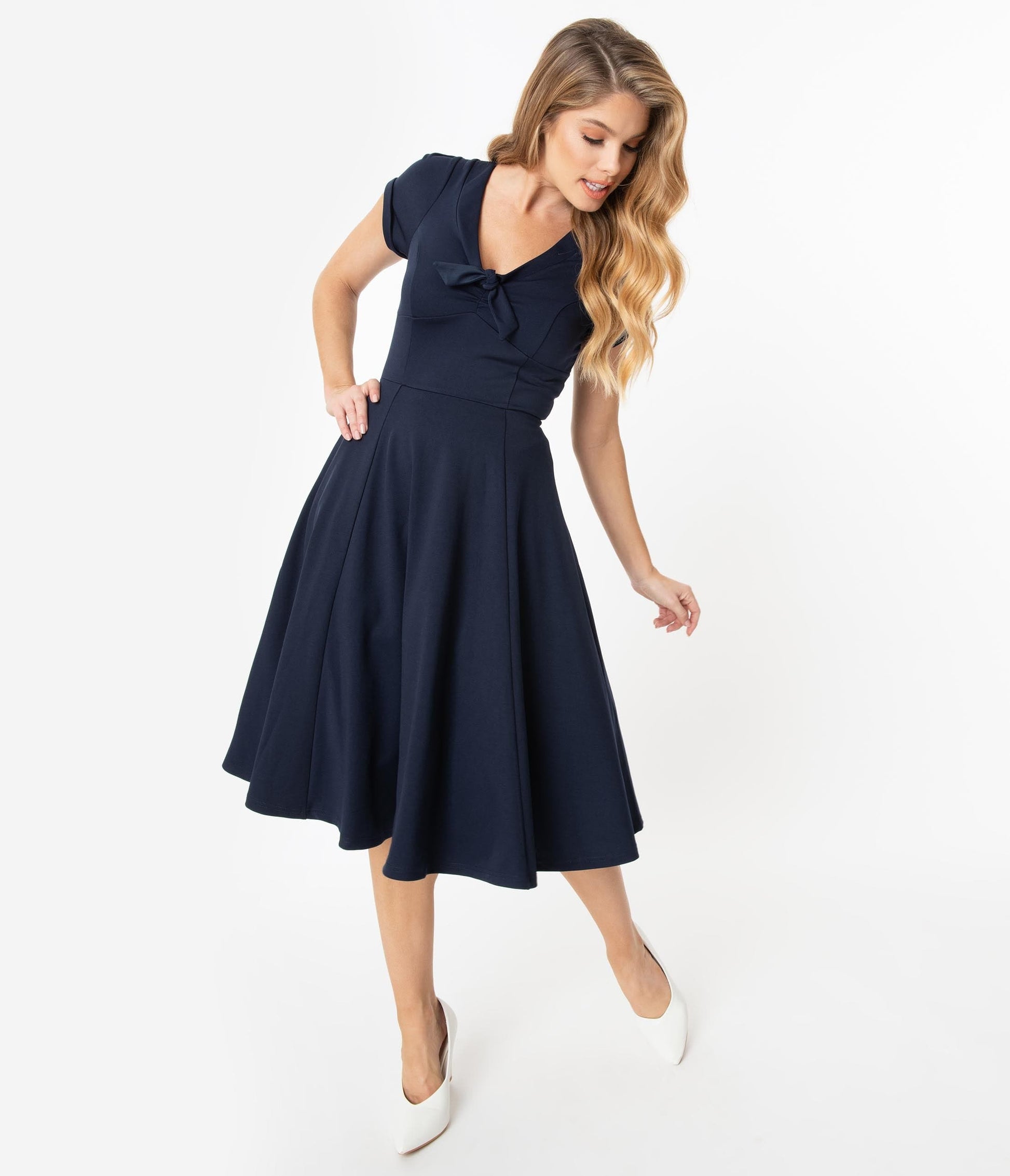 Unique Vintage 1940s Style Navy Blue Natalie Swing Dress