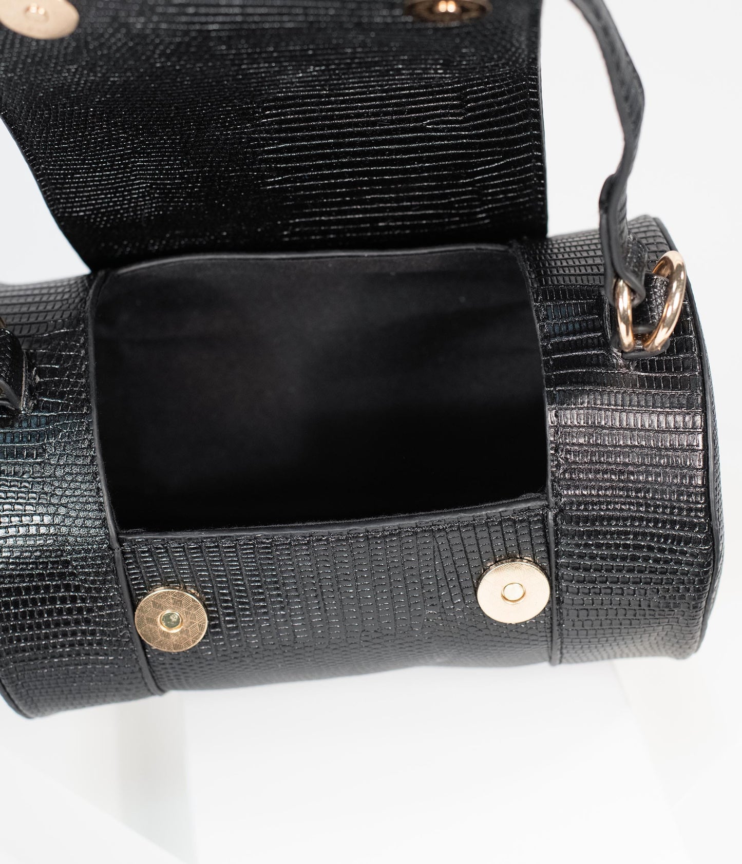 Black Embossed Leatherette Barrel Bag