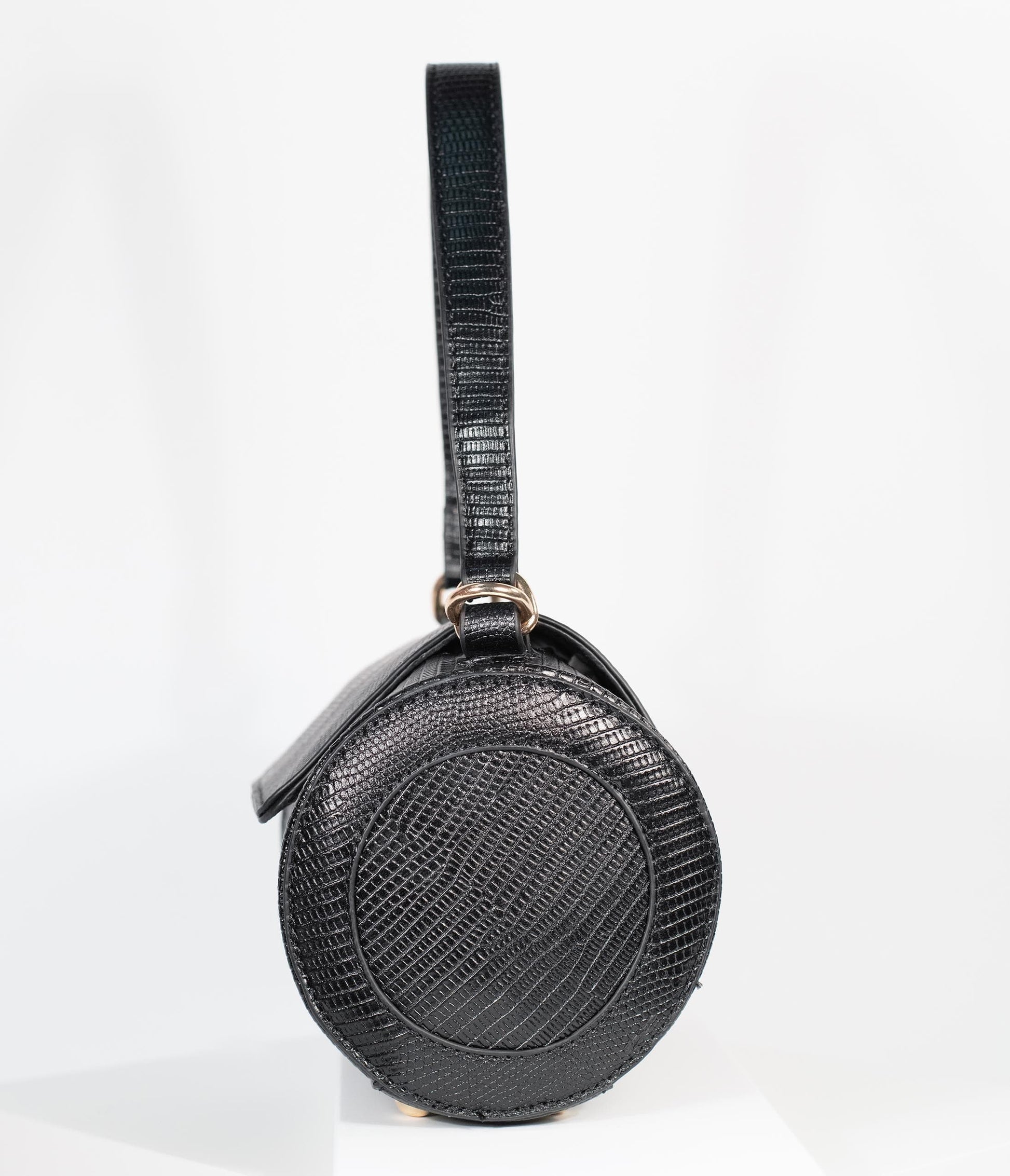 Black Embossed Leatherette Barrel Bag