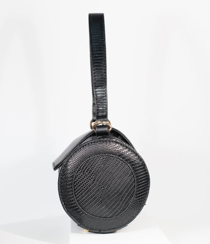 Black Embossed Leatherette Barrel Bag