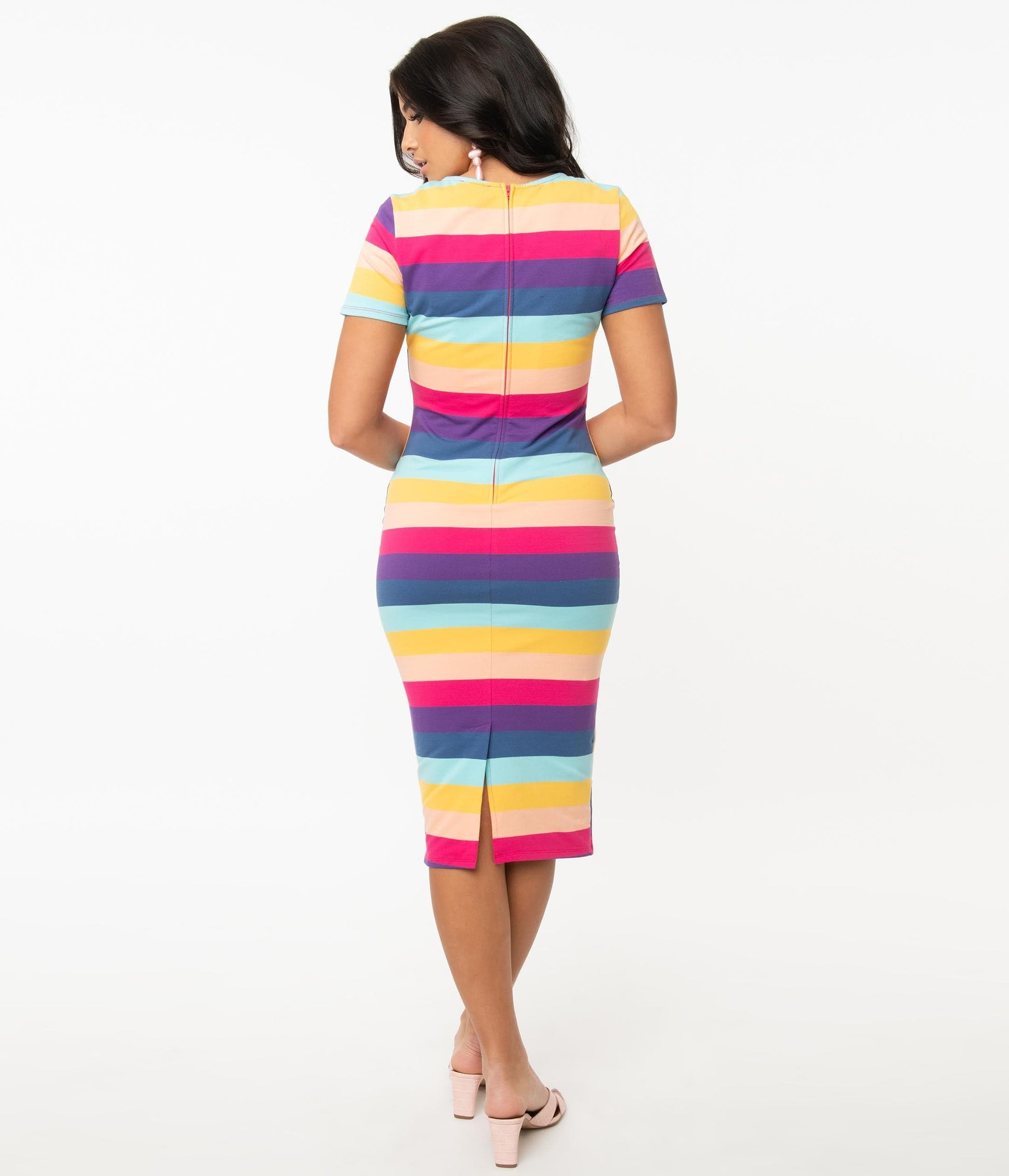 Unique Vintage 1960s Multicolor Stripe Presley Wiggle Dress