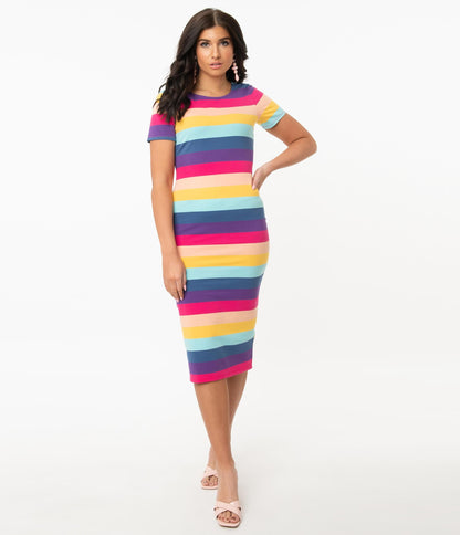 Unique Vintage 1960s Multicolor Stripe Presley Wiggle Dress