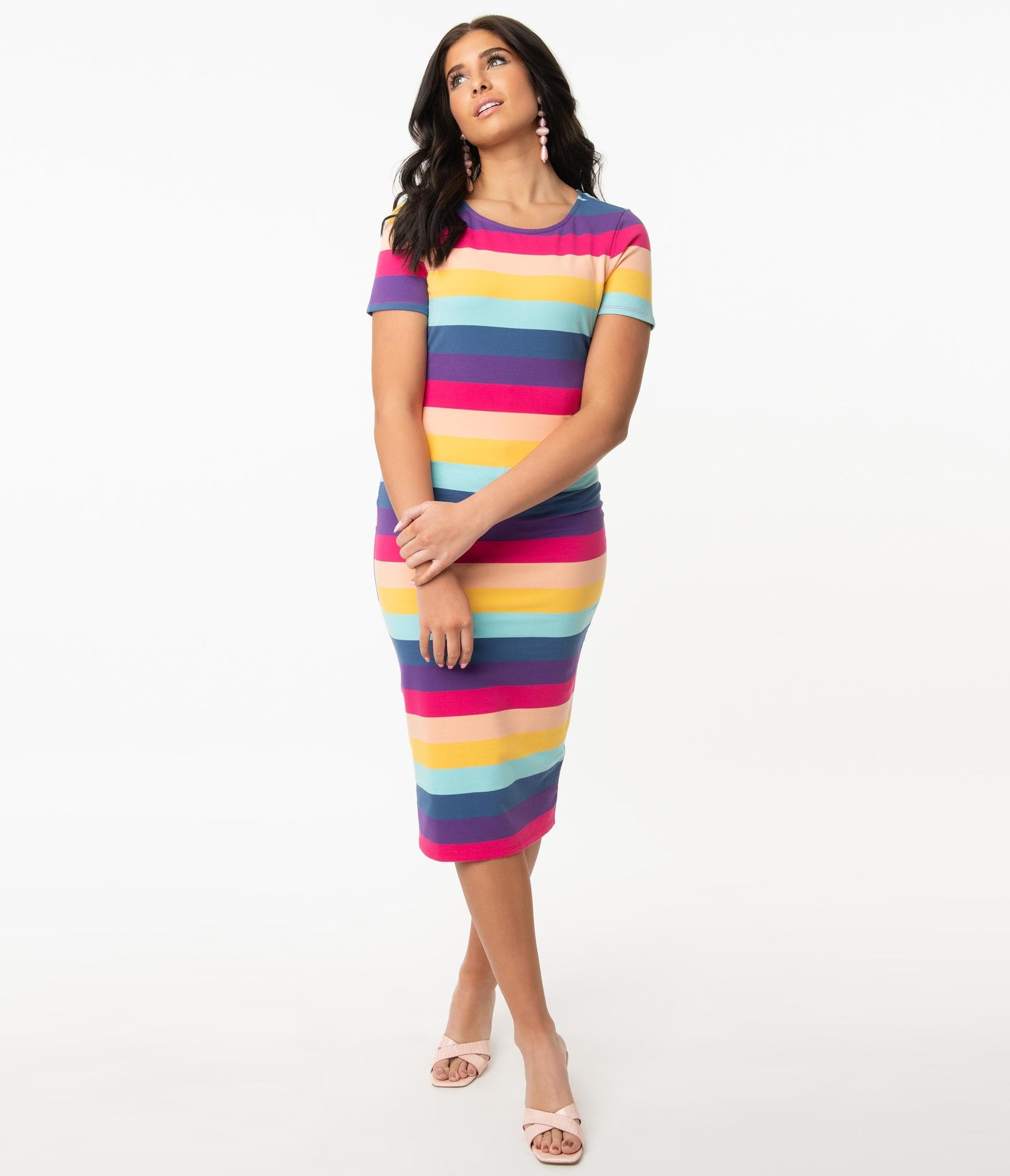 Unique Vintage 1960s Multicolor Stripe Presley Wiggle Dress