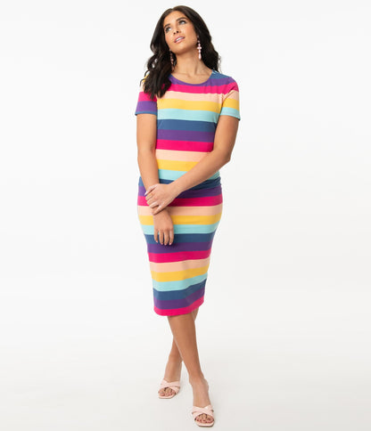 Unique Vintage 1960s Multicolor Stripe Presley Wiggle Dress