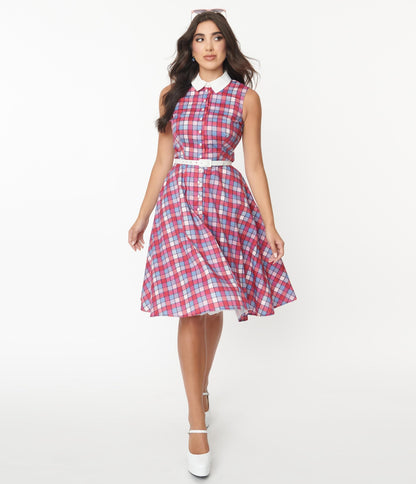 Unique Vintage Red & Blue Check Darlene Dress