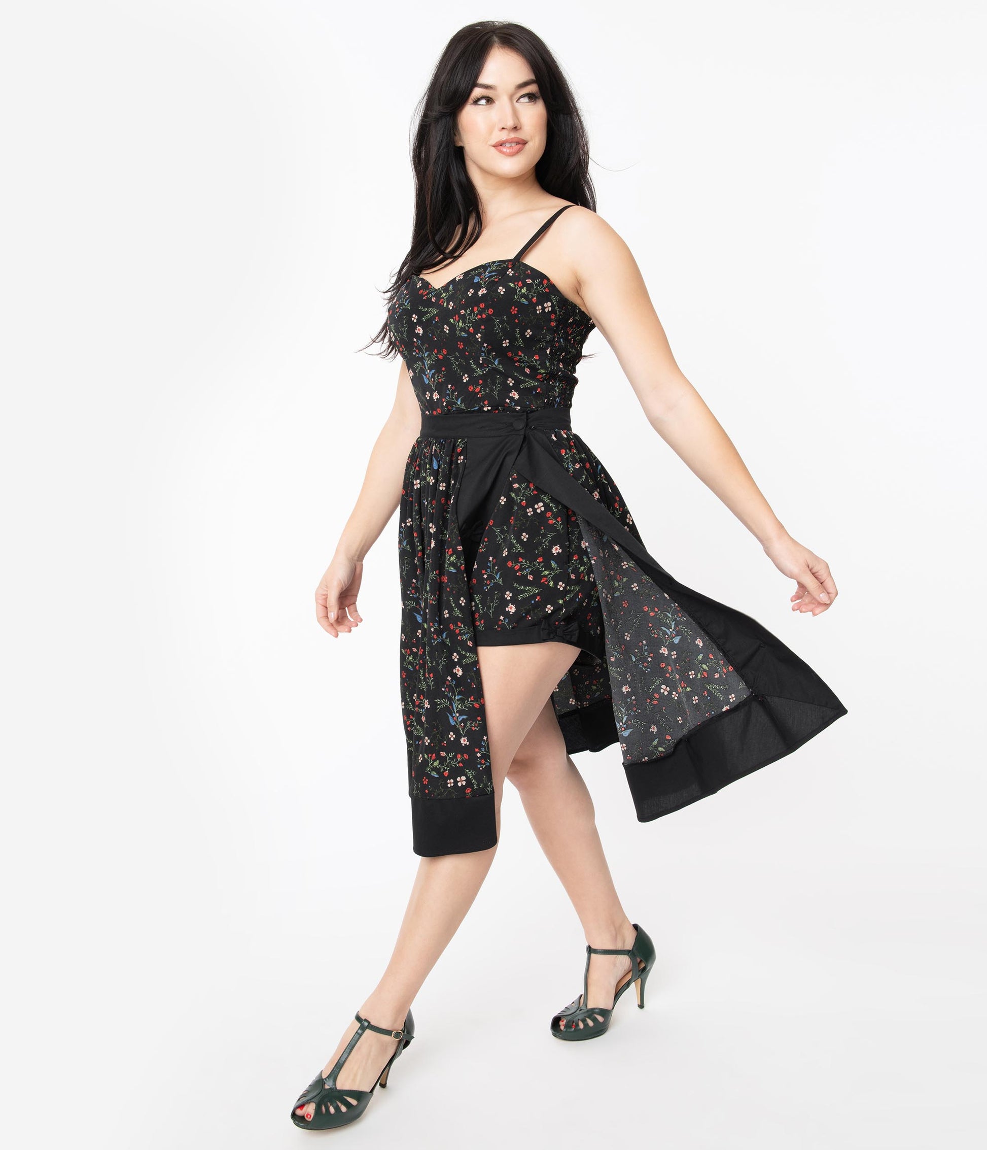 Unique Vintage Black & Multi Floral Print Rye Swing Skirt