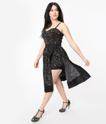 Unique Vintage Black & Multi Floral Print Rye Swing Skirt