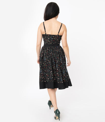 Unique Vintage Black & Multi Floral Print Rye Swing Skirt
