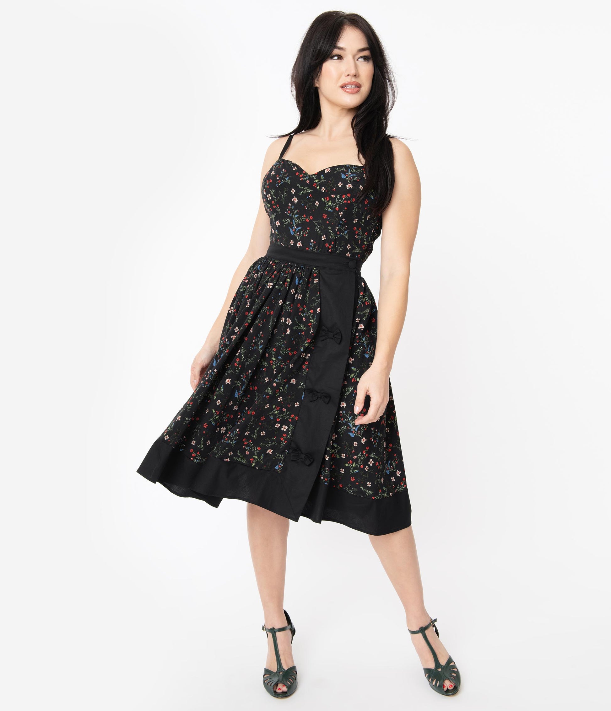 Unique Vintage Black & Multi Floral Print Rye Swing Skirt