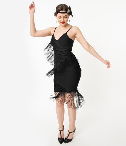 Vintage Style 1920s Black Bandage Fringe Flapper Dress