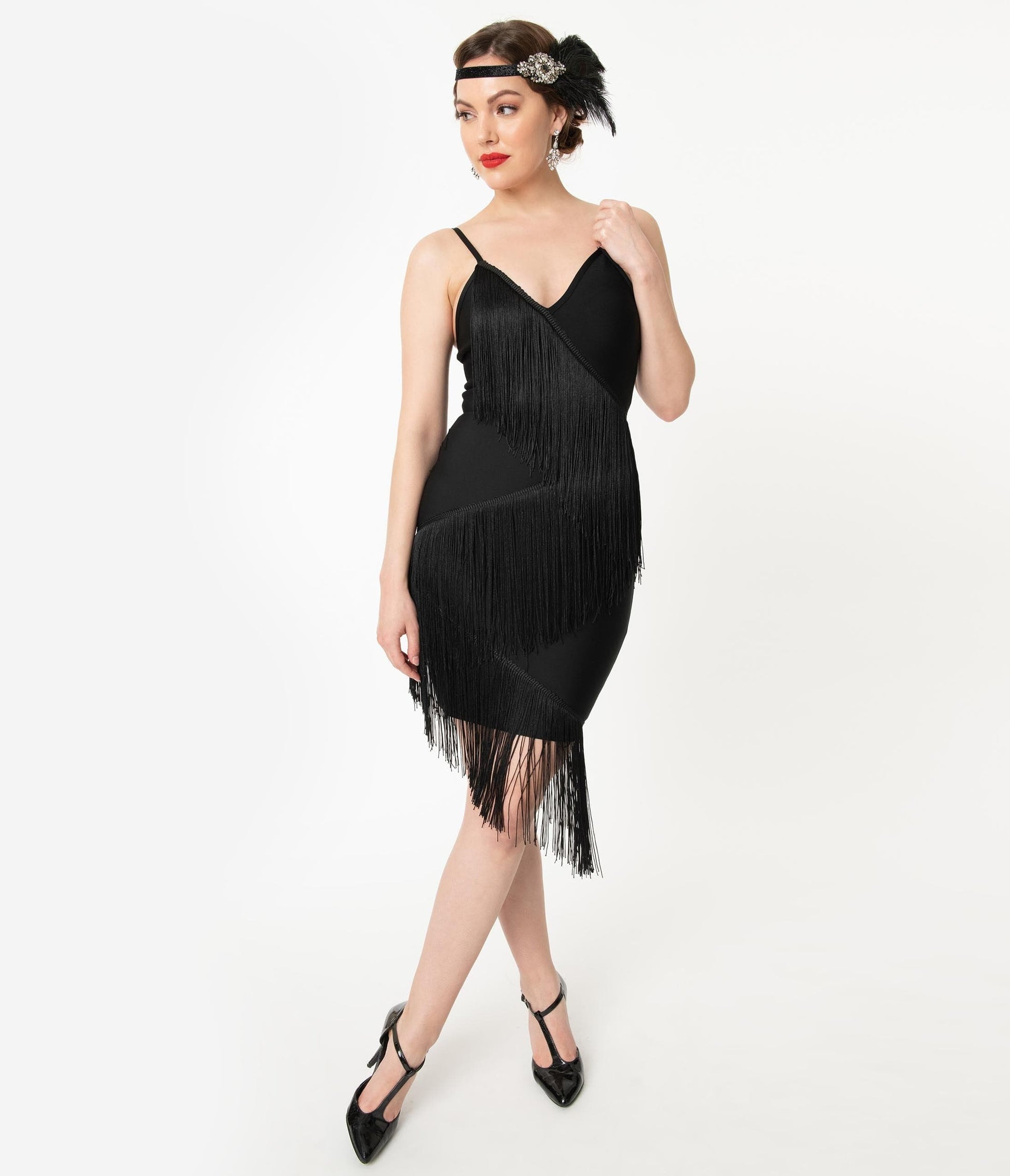 Vintage Style 1920s Black Bandage Fringe Flapper Dress