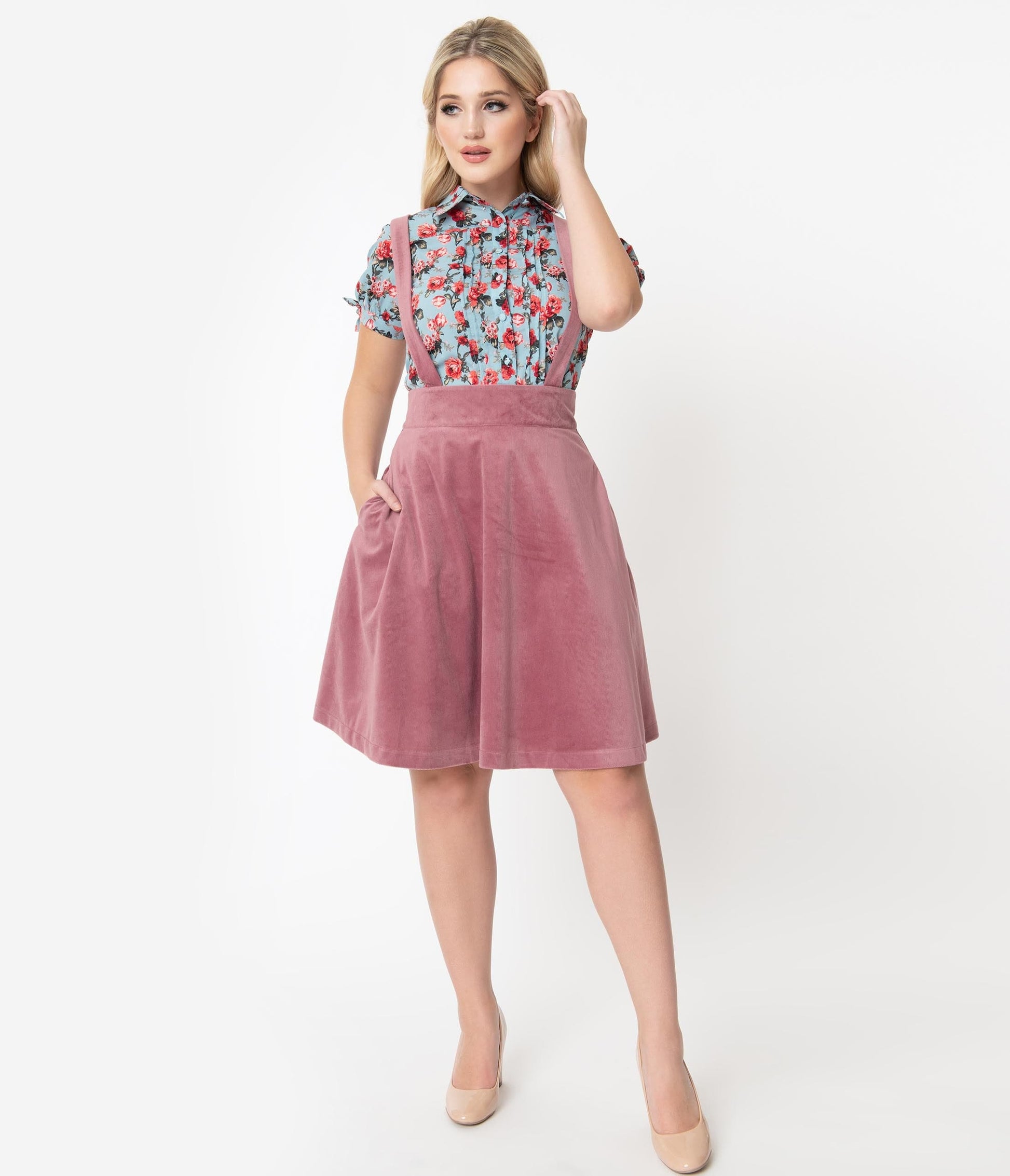 Unique Vintage 1960s Rose Pink Suspender Ruth Flare Skirt